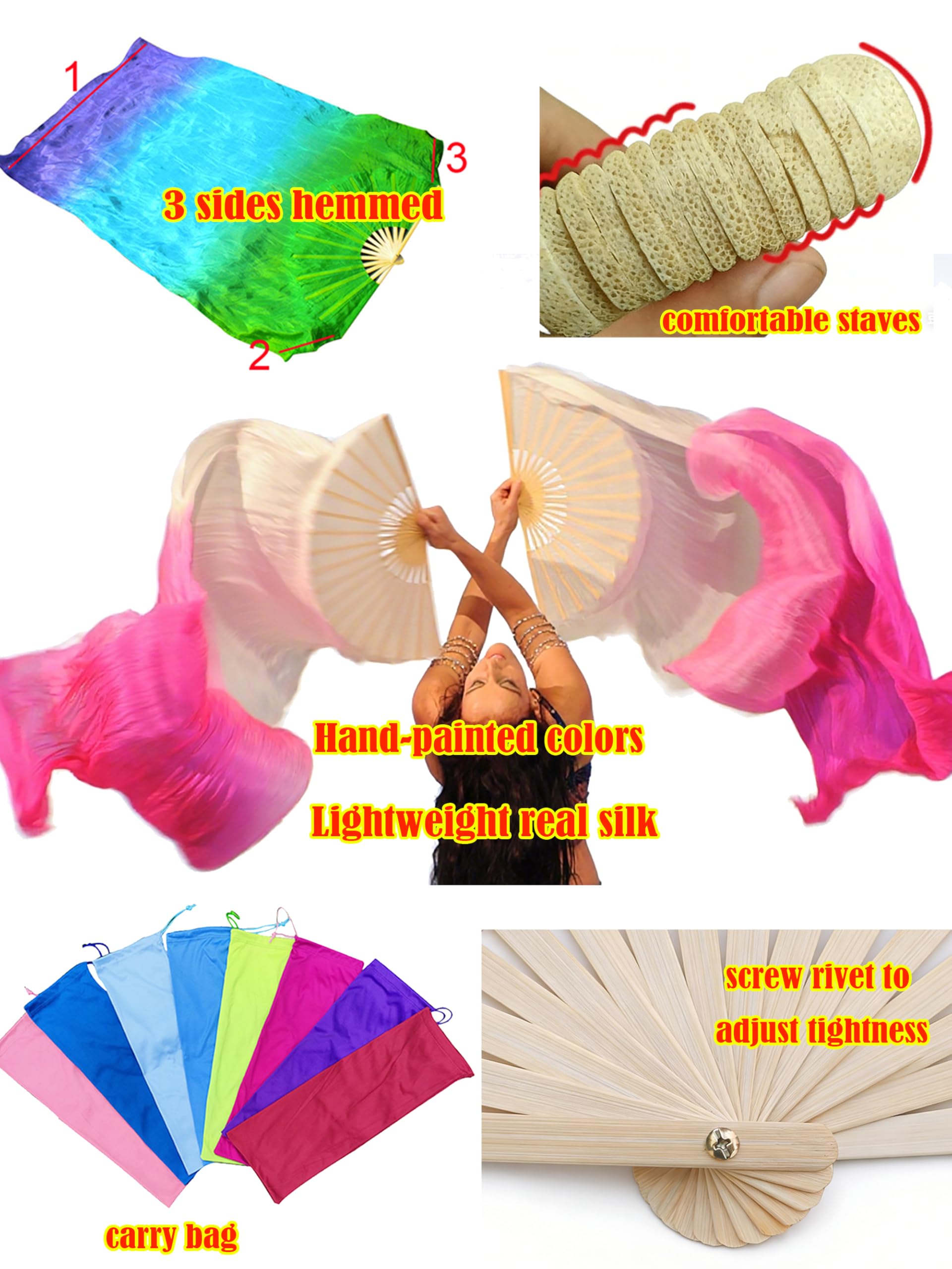 Winged Sirenny Abanicos Velos Seda Natural 180 cm Danza del Vientre Pintados a Mano Mango Bambú Ajustable 2 Unidades