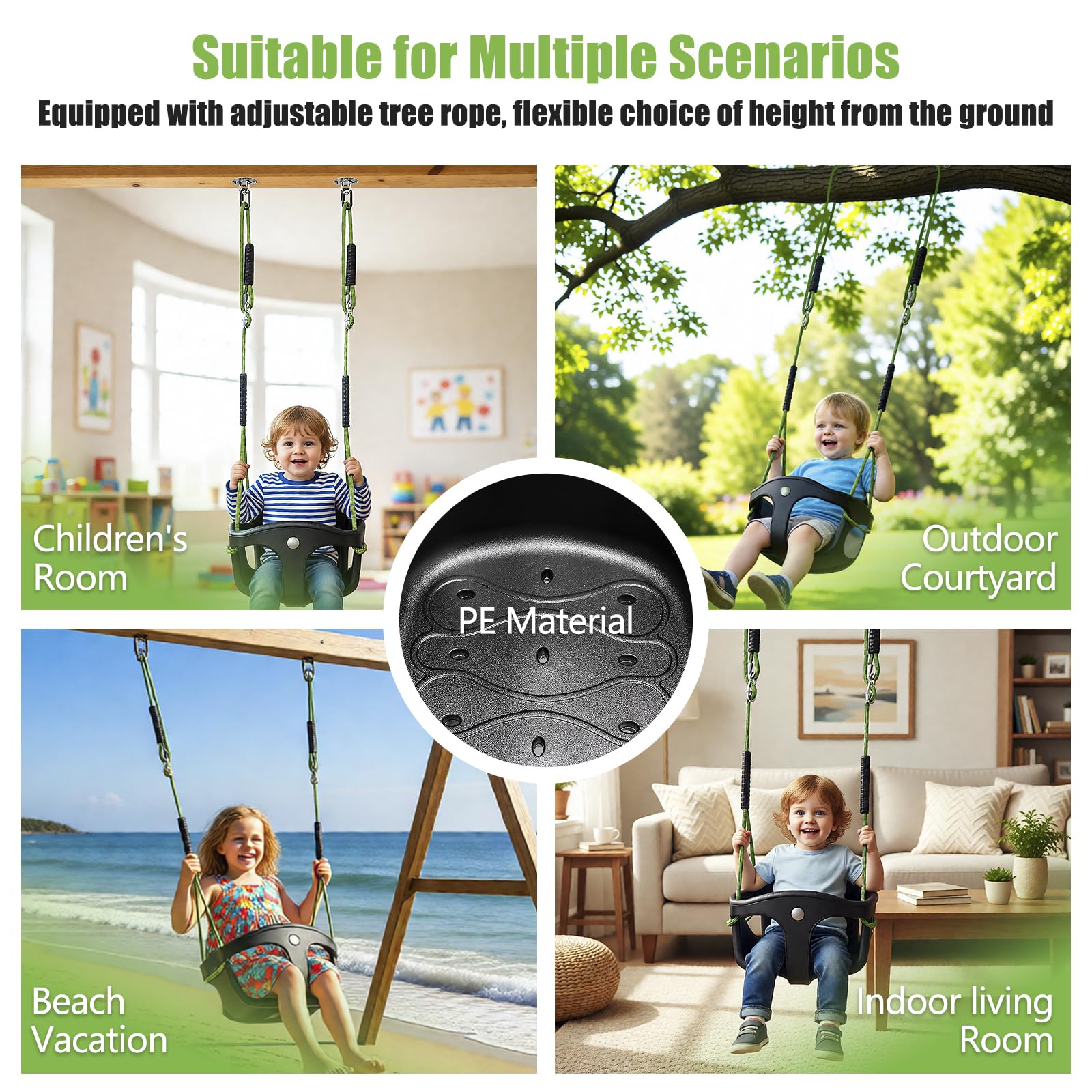 Columpio para bebé, columpio para exteriores, respaldo alto, carcasa de plástico, asiento con cuerda ajustable de 1,3 – 2 m y 2 mosquetones, columpio de jardín para niños que crece en crecimiento