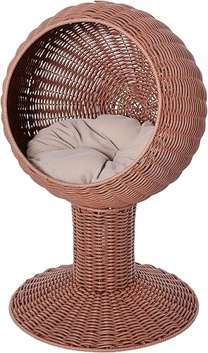 PawHut Cama elevada para gatos con silla giratoria de huevo, cama con cesta para gatos con cojín grueso, alfombra natural, casa tejida con pasto,