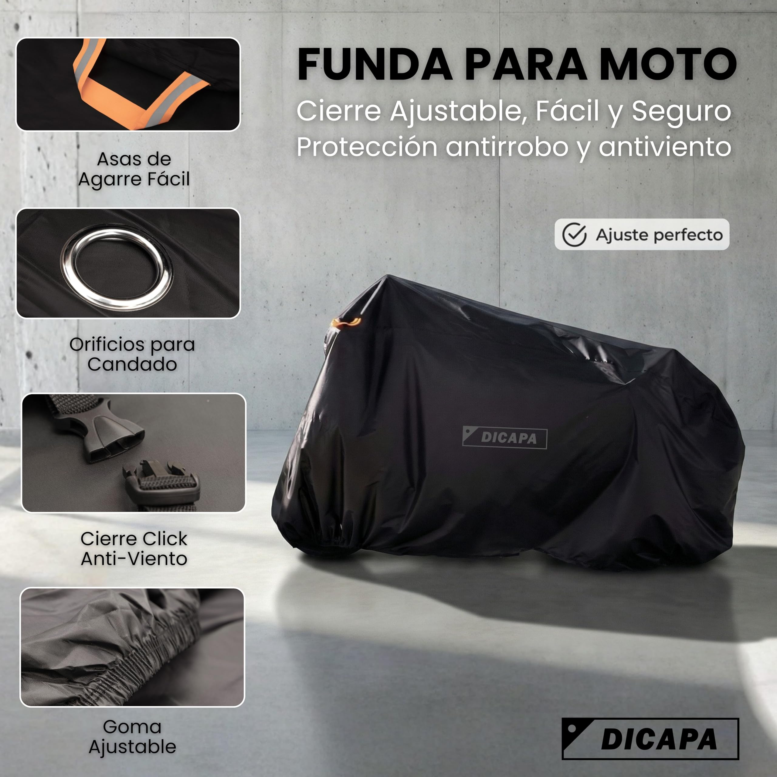 DICAPA Funda Moto Impermeable 245x105x125cm (XXL) Resistente al Agua, Viento, Nieve y Rayos UV. Funda para Moto con Sistema Antirrobo y Cierre Elástico