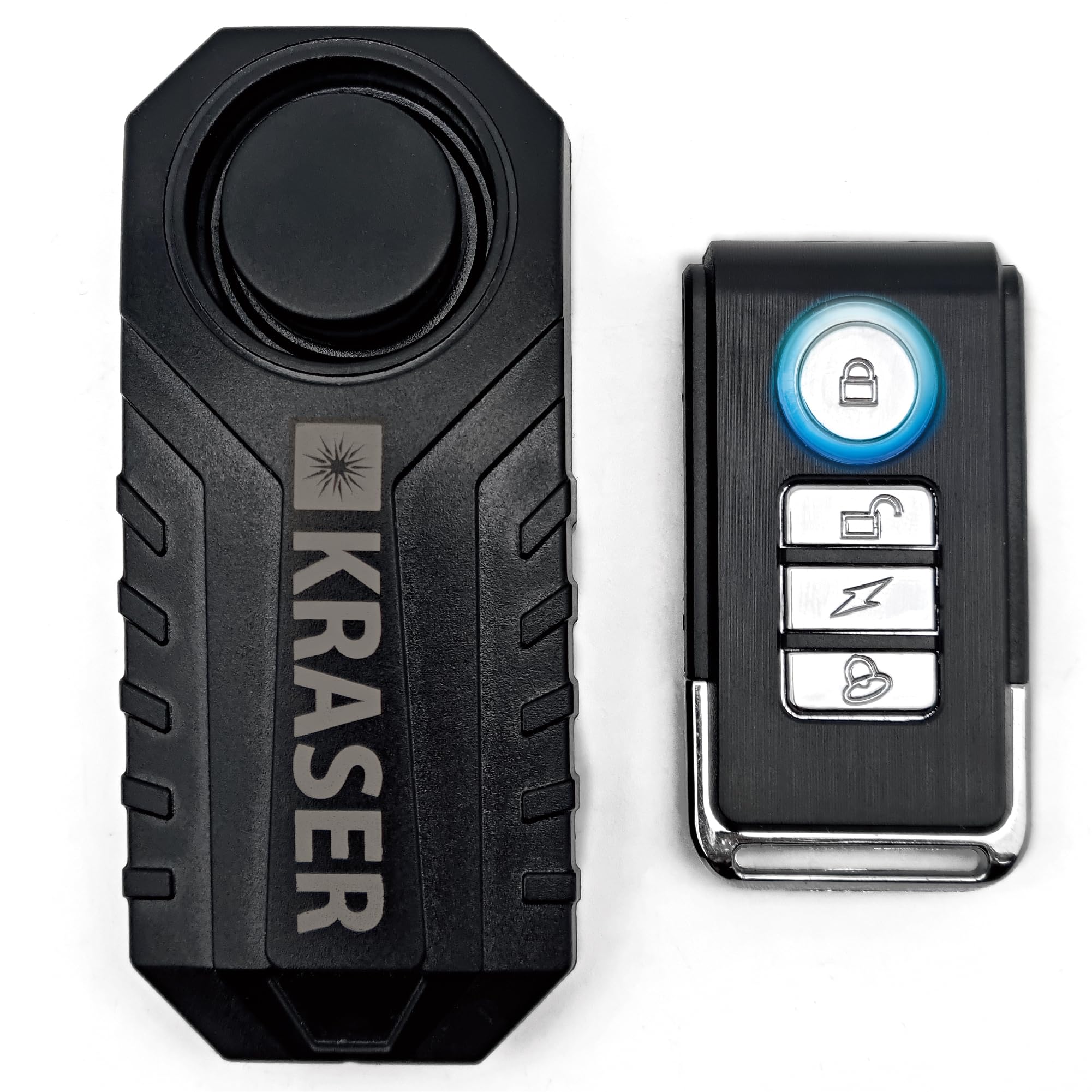 KRASER KR726 Alarma Bicicleta, Control Remoto, Sensor Movimiento 7 Niveles, 3 Tonos, 113dB Inalámbrica con Mando, Alarma Patinete Eléctrico, Moto, sin instalación, Seguridad Antirrobo Bici Puerta