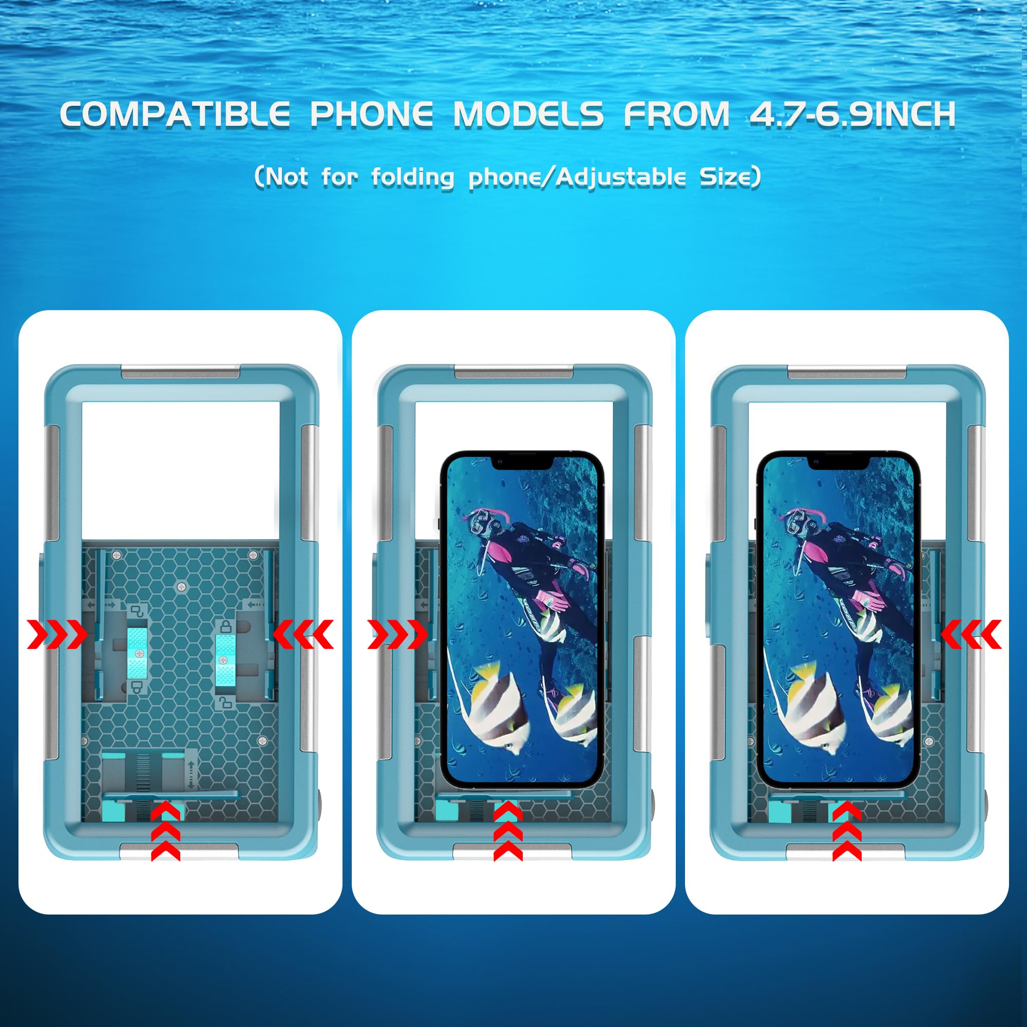 Universelle Unterwasser-Handy-Schutzhülle [50 Fuß/15 m] zum Schnorcheln, Tauchen, Schwimmen, Sport, Foto, Video, Gehäuse, kompatibel mit Handys in der Größe 4,7 bis 6,9 Zoll, iPhone, Samsung usw. | Foto-Video-Hülle kompatibel mit iPhone 17/16/15/14/13 Pro