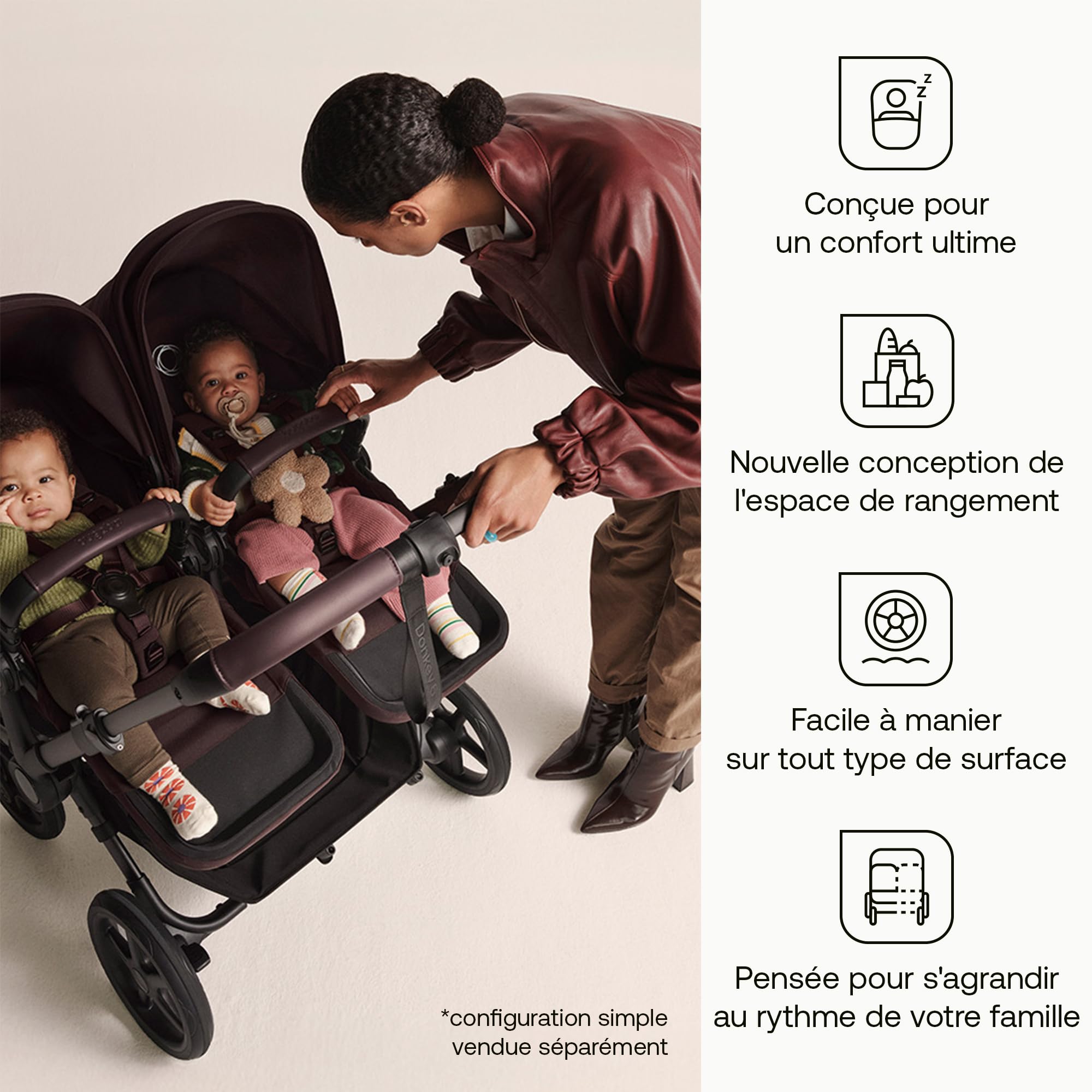 Bugaboo Donkey 6 Kit d'habillages pour nacelles jumeaux, convertit la poussette Donkey 6 double en poussette jumeaux pour nouveau-né & enfant, design côte à côte, facilement convertible, Cocoa Brown