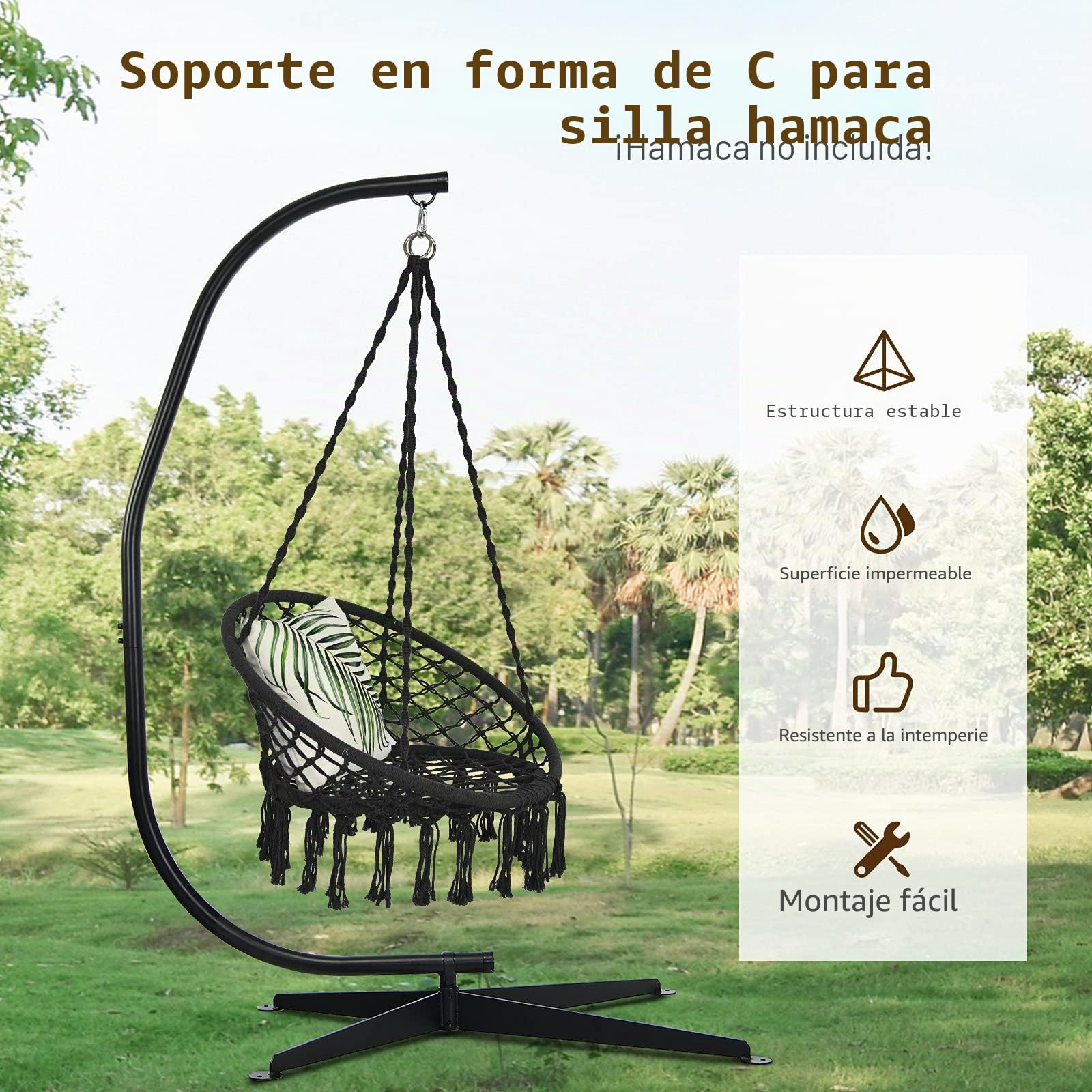 GIANTEX Soporte para Silla Colgante de Acero para Colgar Hamacas de Interior y Exterior, Máx.150 kg, 111 x 84 x 207 cm, Negro（Hamaca no incluida） | Estructura independiente para hamaca/silla de huevo/mecedora de interior y exterior, carga 150 kg, 111 x 84