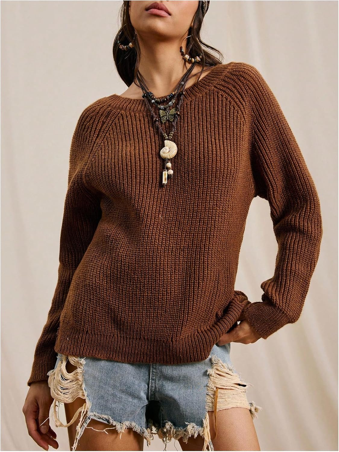 Women's Lace Open Back Sweaters Long Sleeve Crew Neck Cut Out Jumper Cowgirls Knit Pullover - Image 2