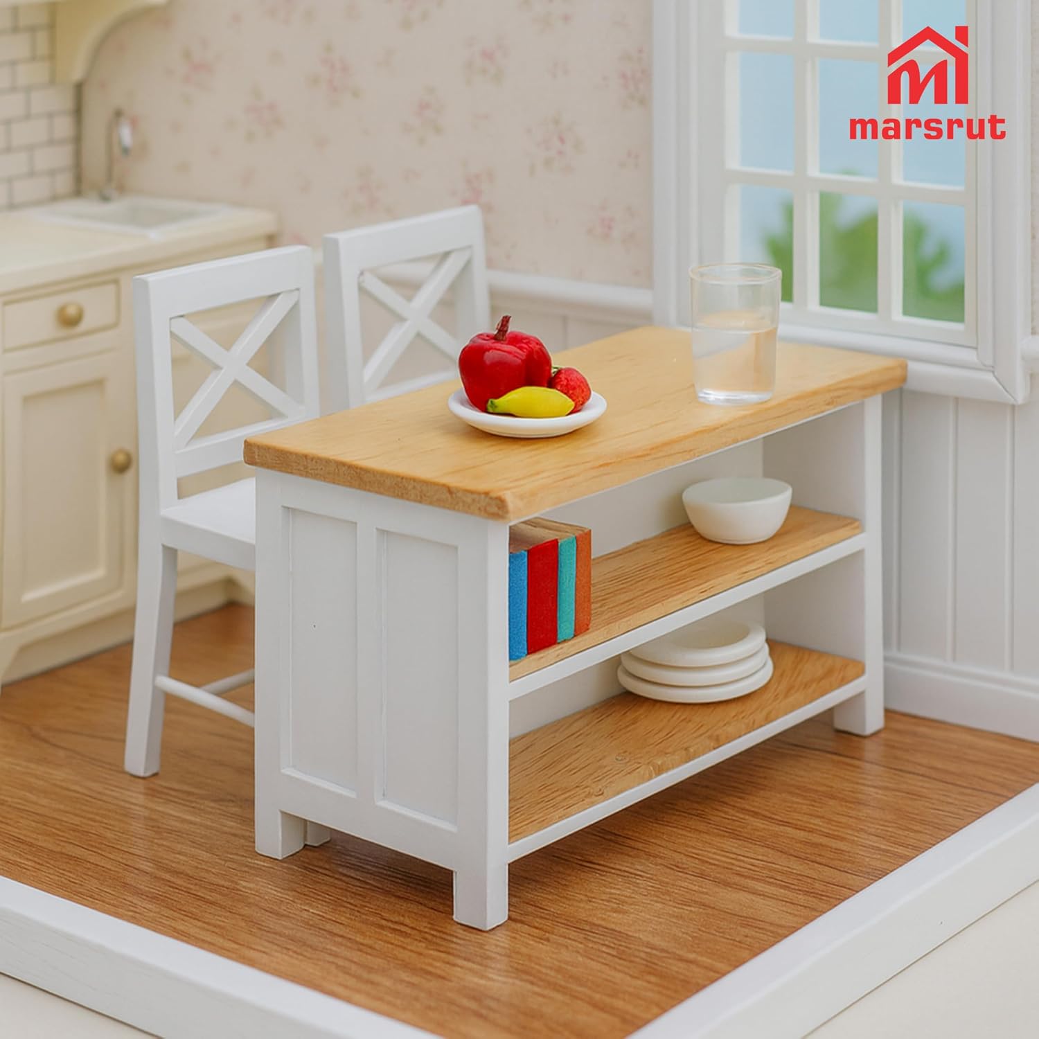 Miniature Dollhouse Kitchen Island & 2Pcs Stools, Furniture Modern 1/12 Scale Doll House Accessories Mini Wooden Chair and Table Set for Dining Room Restaurant Pub Bar Scene, Realistic Items, White
