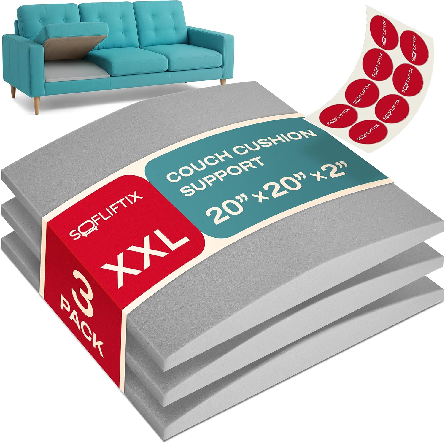 Couch Cushion Support for Sagging Seat, Couch Support for Sagging Cushions, Sofa Cushion Support, 3 Pack 20 x 20 x 2 Inch 45D High Density Foam Cushion Support, Non-Slip Stickers Included, Grey