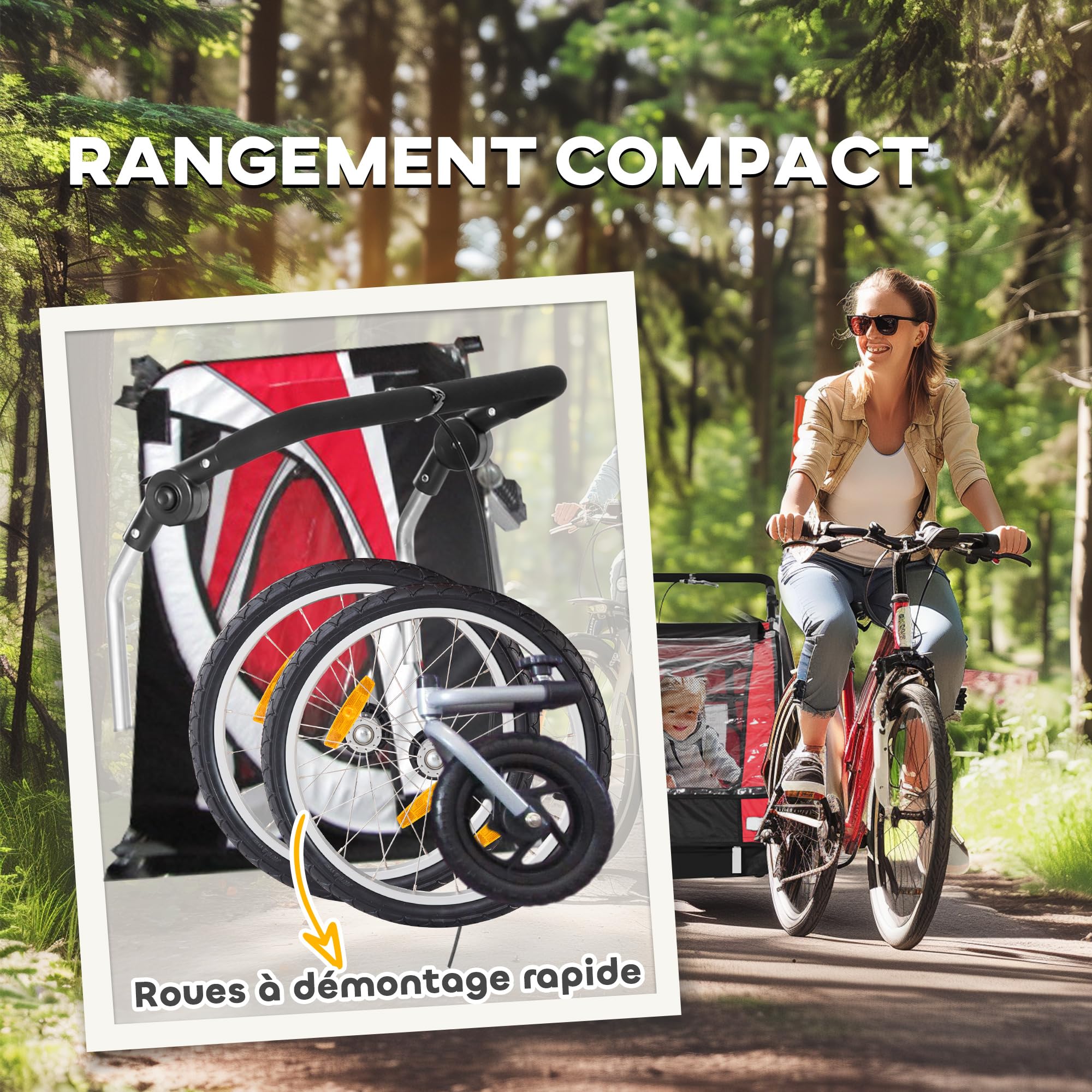 HOMCOM Remorque Velo Enfant 2 en 1 Poussette vélo bébé 2 Places avec Ceinture de sécurité 5 Points, réflecteurs, Drapeau et attelage, Charge 40 Kg, Rouge
