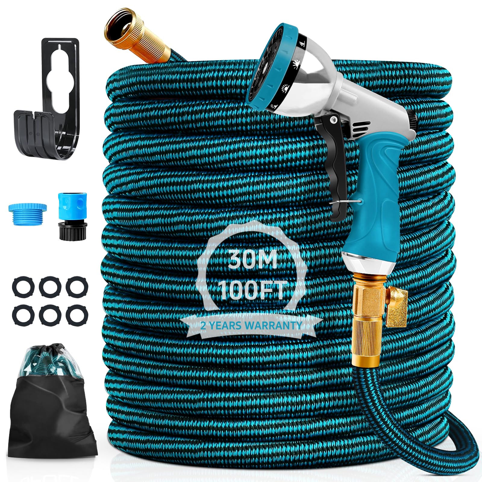 Garden Hose 30M/100FT, Flexible Expandable Water Hose Pipe with 3/4", 1/2'' Fitting Connectors, 10 Functions Spray Nozzle, 4 Layer Latex, Easy Storage Garden Water Hose