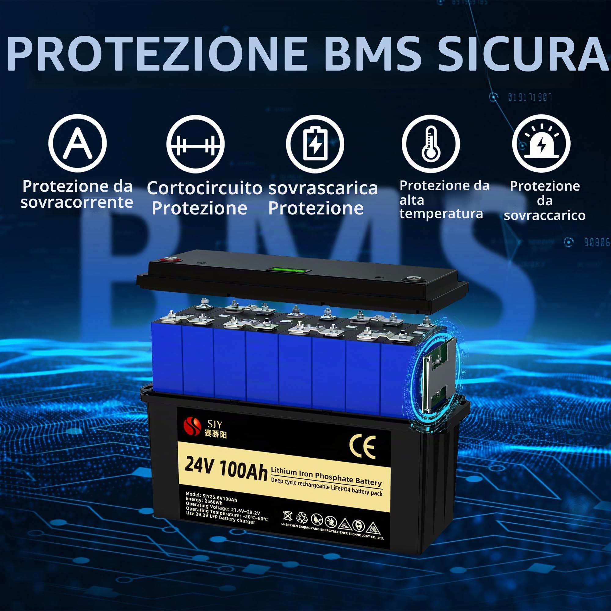 Batteria LifePO4 da 24 V 100 Ah, batteria integrata BMS 10000 Deep Cycle Grade A ricaricabile al litio ferro fosfato con LCD perfetta per off-grid, camper, sistema solare, barca, camper
