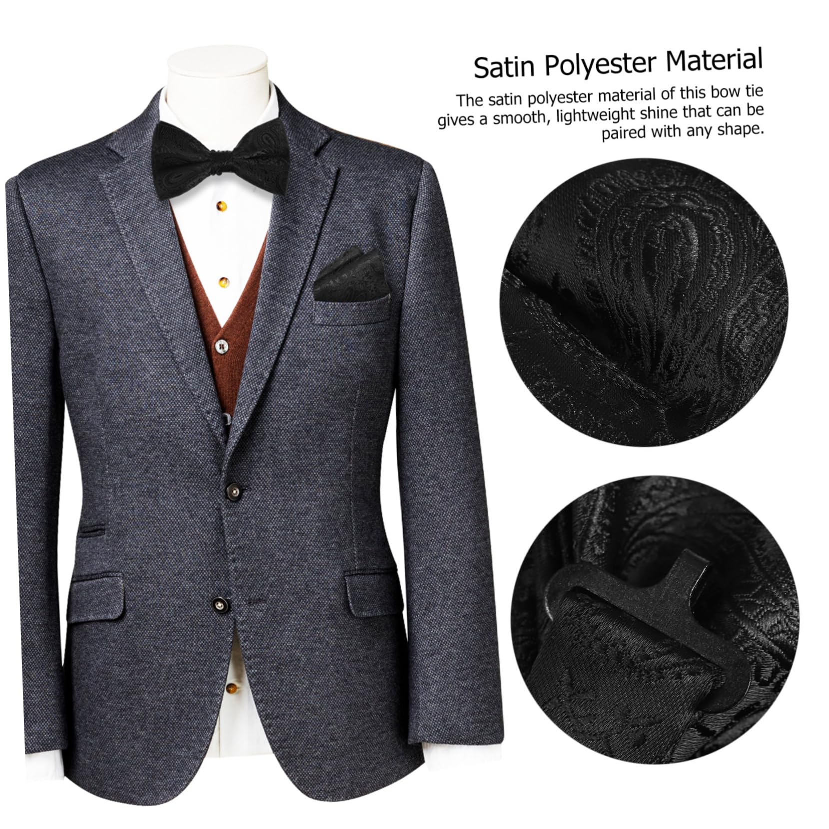 Ipetboom corbatas de vestir para hombres pajarita elegante los hombres atan corbata de cuello para hombres faja traje de pajarita pañuelos de bolsillo para hombre Hilo de poliester Negro