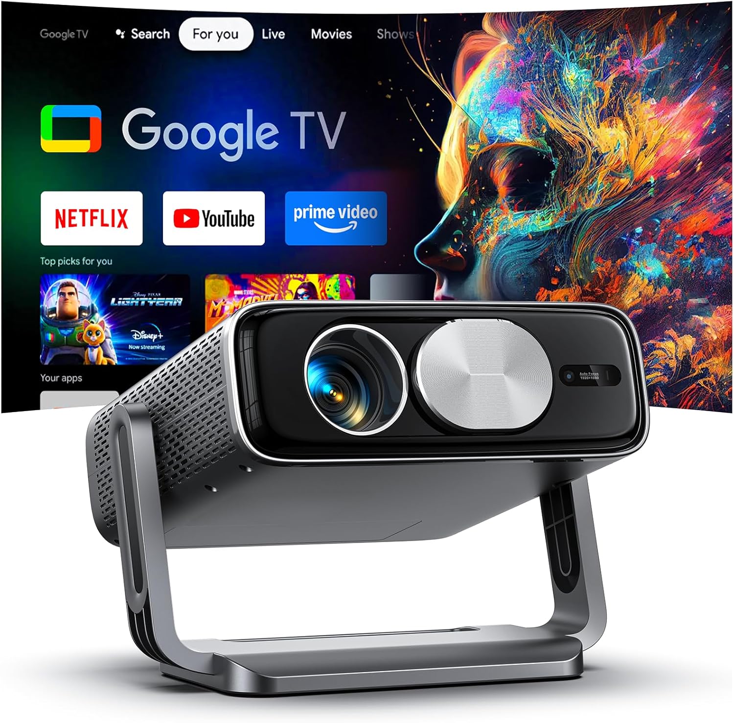 [Projector Built-in Google TV/4K Support/Auto Lens Cap] 2200ANSI Projector with WiFi and Bluetooth, Auto Focus Smart Movie Projector with Adjustable Stand, Proyector for Bedroom/Home/Celling