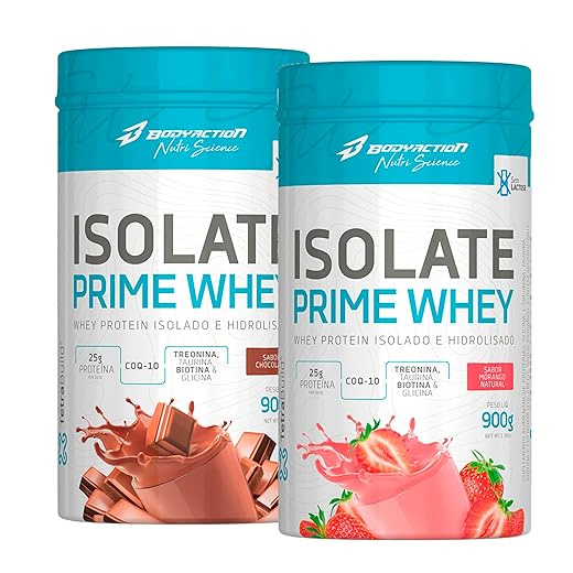 Kit 2x Isolate Prime Whey Isolado e Hidrolisado 900g Cada Bodyaction - Morango + Chocolate