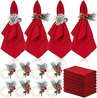 Vista 17 de EBOOT 16 piezas de servilletas de Navidad y juego de porta servilletas 8 piezas de servilletas lavables rojas de tela y 8 porta servilletas