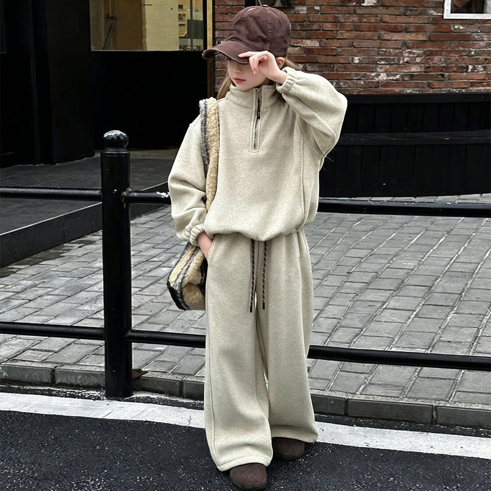 Tuta da ragazza con cappuccio e pantaloni della tuta con mezza zip, beige, 5-6 anni | Felpa con cappuccio e pantaloni sportivi per bambini, set da 2 pezzi, per la scuola, casual, comodo, con cerniera a un quarto