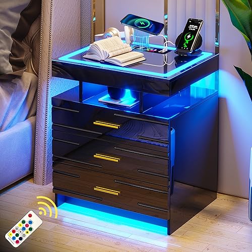 Miniatura 7 de FOMNEY Mesita de noche LED RGB con estación de carga, mesita de noche negra con pantalla táctil, mesitas de noche con luz deslumbrante por control