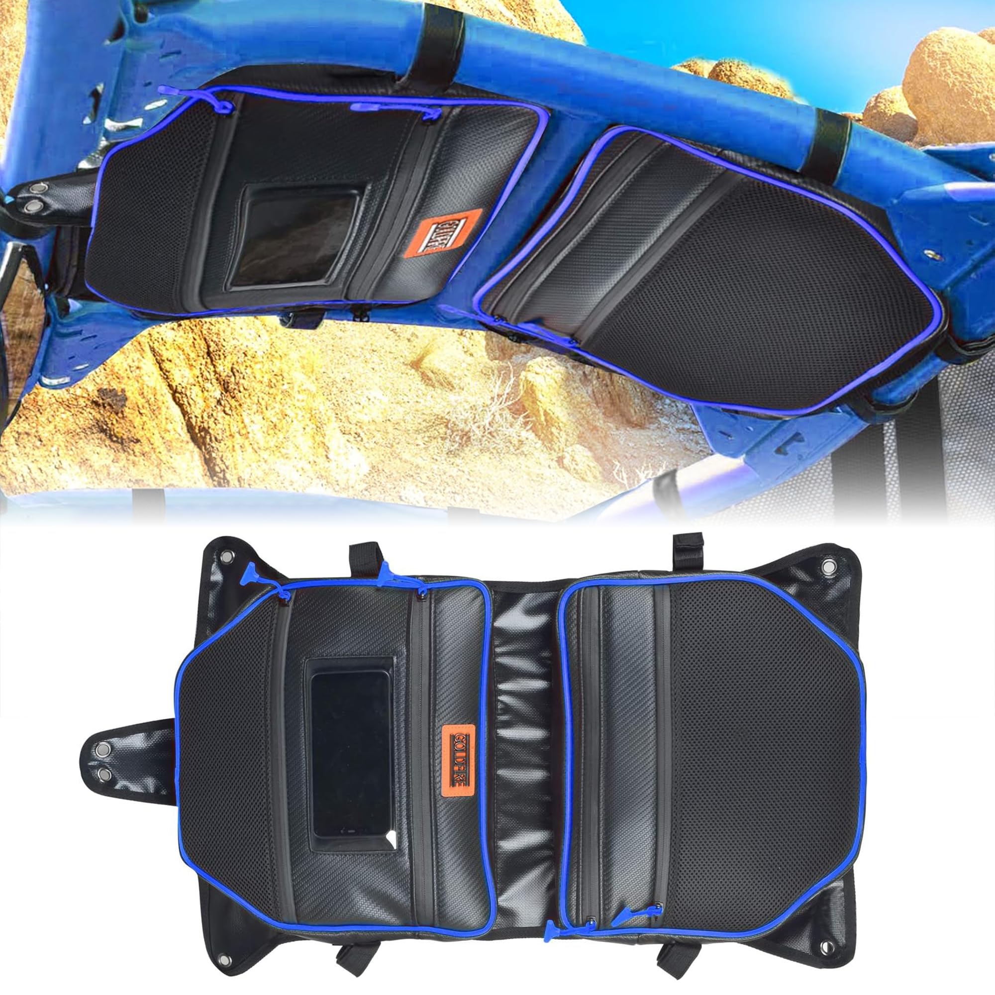 Sresk Overhead Roof Storage Bag Fit for Can Am Maverick X3 Roof Bag for Can Am Maverick X3 2017-2023 Accessories Multi Pockets (Blue Piping)