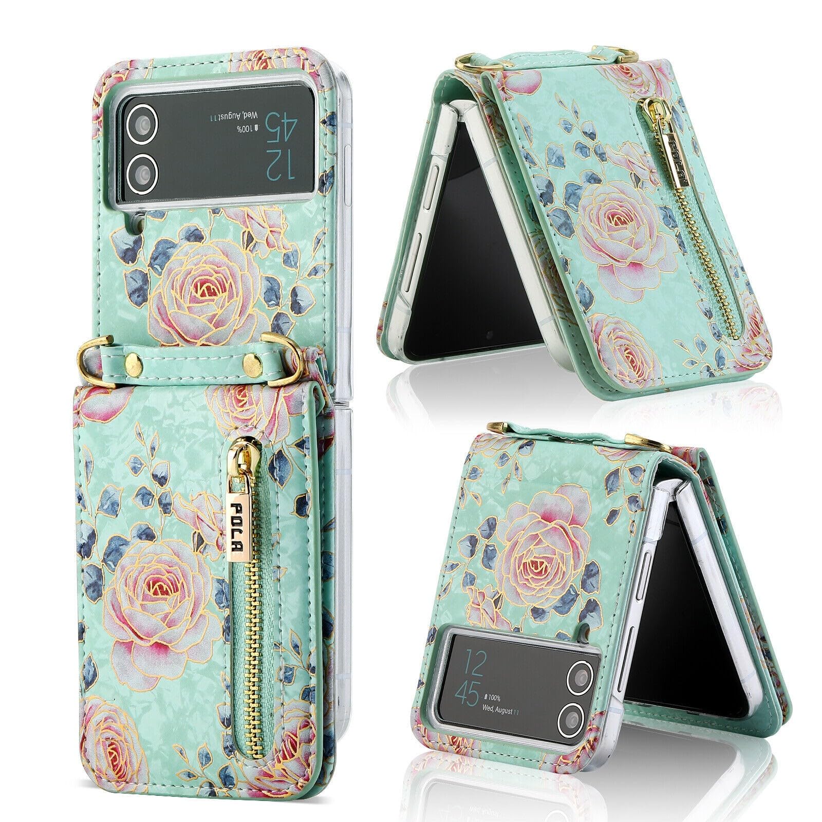 Generic Custodia compatibile con Samsung Galaxy Z Flip 7 (colore: verde) motivo floreale portafoglio in pelle slot per carte di credito custodia flip con tracolla