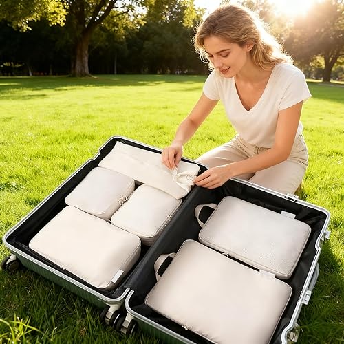 Miniatura 6 de Cubo de embalaje de compresión de viaje de 6 piezas - bolsa de viaje plegable expandible, bolsa de almacenamiento de equipaje (beige)