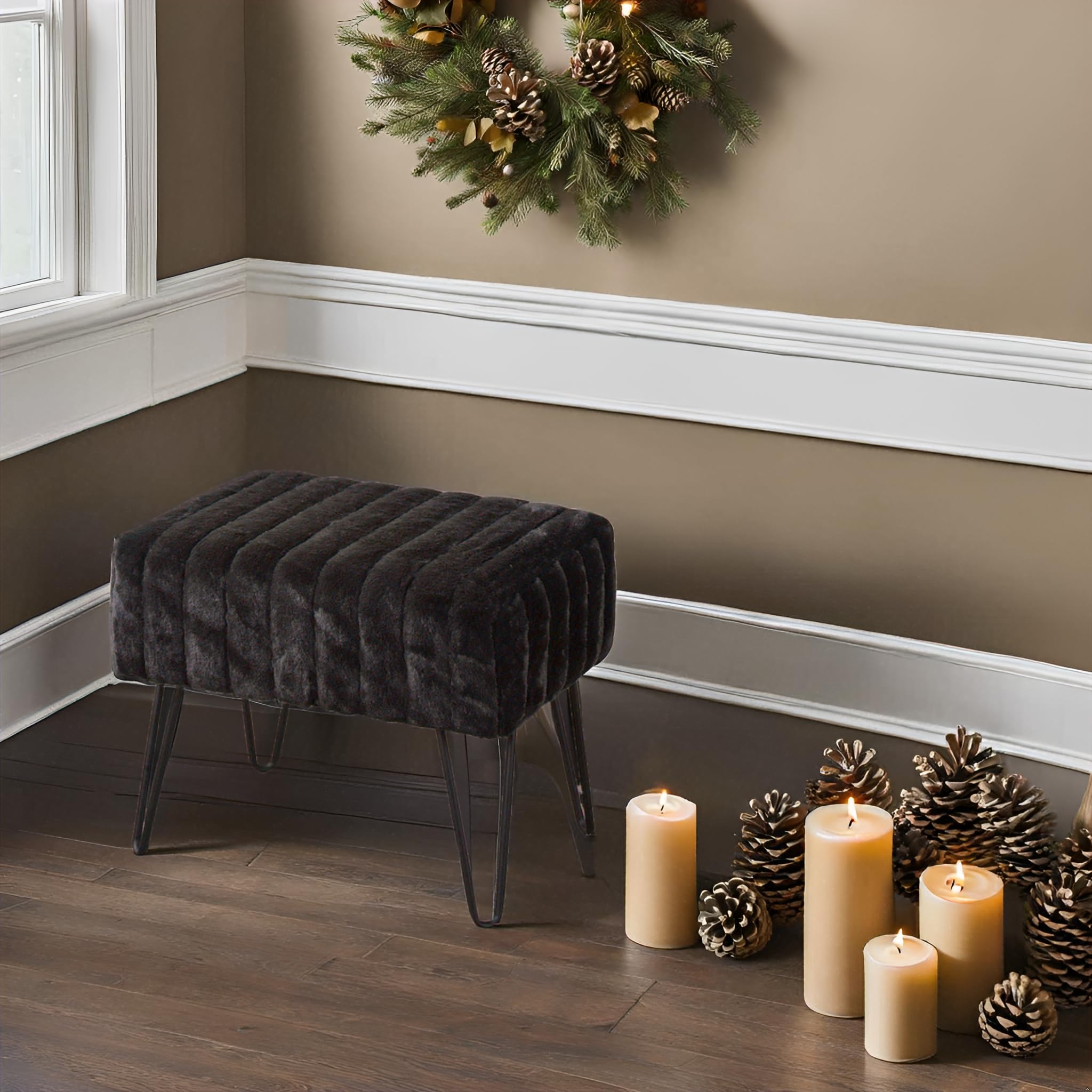 Home Soft Things Super Mink Faux Fur Black Ottoman Bench, 19