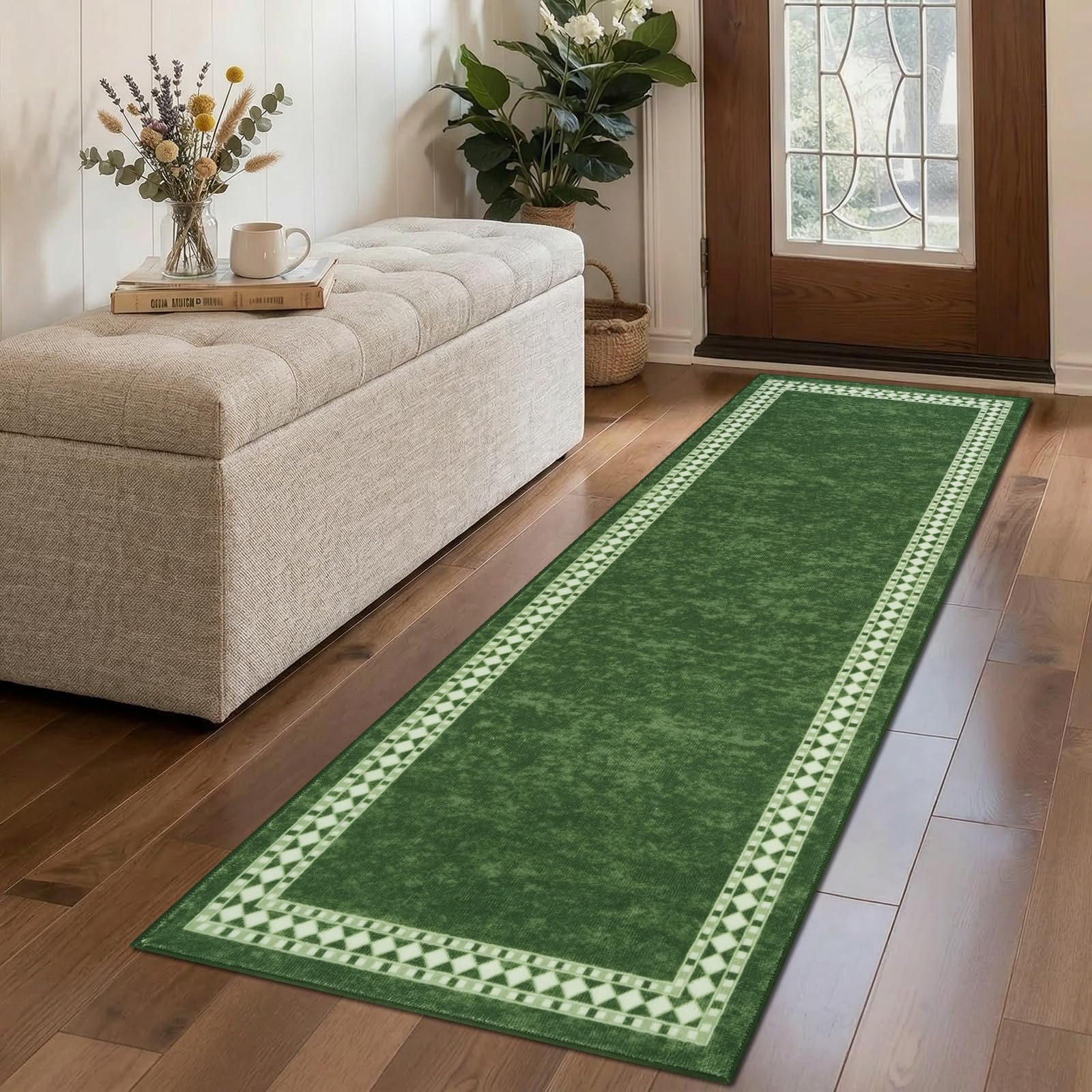 Homcomodar Carpet Runners for Hallways Non Slip 65x180cm Hallway Runner Green Low Pile Washable Runner Rugs for Hallway Bedroom Entryway Kitchen Laundry Living Room