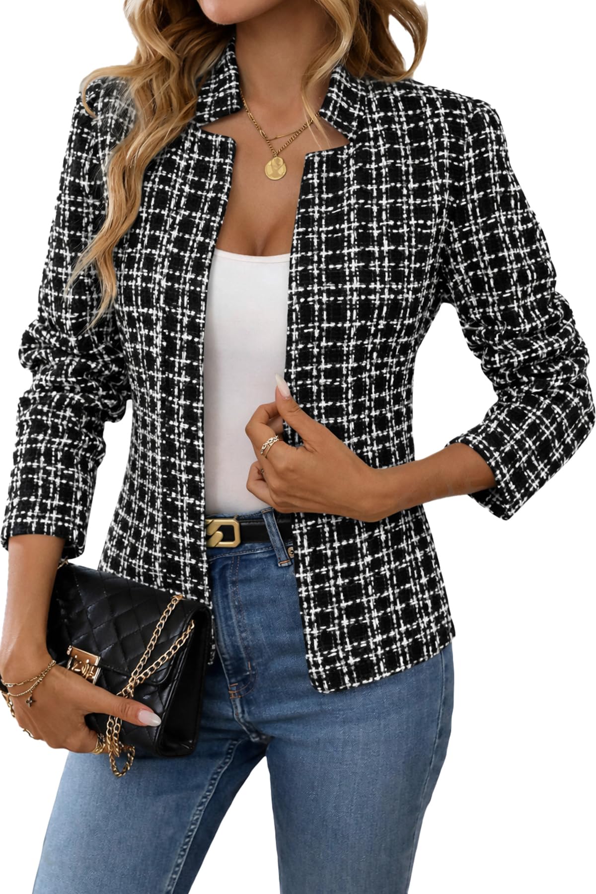 ELLEVEN Womens' Tweed Open Front Blazer | Long Sleeve Jacket Notch Collar Fully Lined Casual Business Work Office Coat
