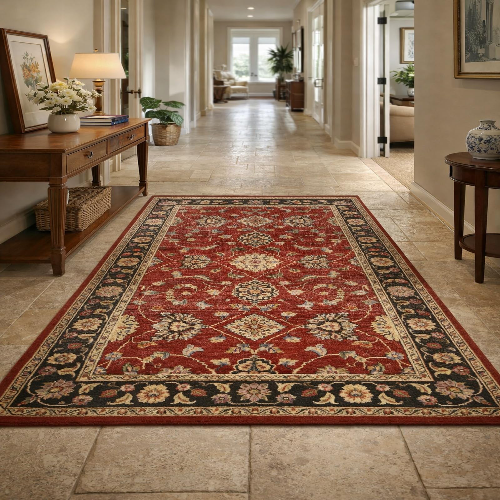 Grand tapis salon oriental rouge et moutarde rectangulaire 200x300 cm