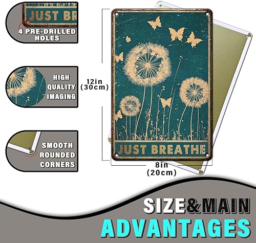 Miniatura 2 de PEACHGARDEN Letrero de metal con diseño de diente de león y mariposas, diseño vintage de diente de león y mariposas, para oficina, sala de estar,