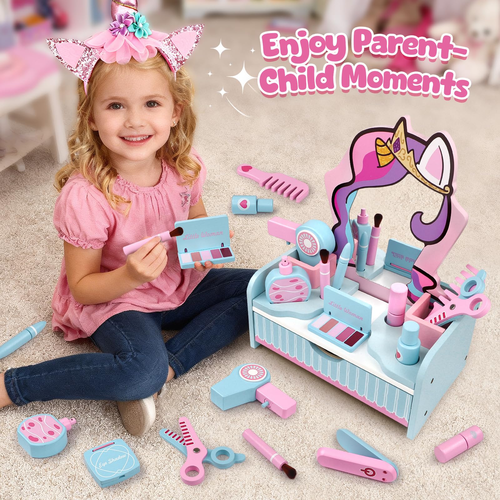 Unicorno Postazione Trucco in Legno, Trucchi Bambina Toeletta con Specchiera Cassetti Set & Parrucchiera Bambina Bellez Accessori Unicorno Giochi Giocattoli Regalo per Bambini Ragazza 3 4 5 6 7 Anni