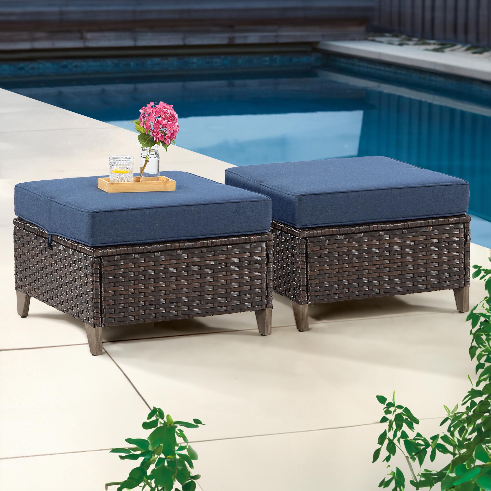 Joyside Patio Ottoman Set of 2, All Weather Outdoor Rattan Ottomans Patio Footstools with Removable Cushions for Garden Backyard Porch (Blue)