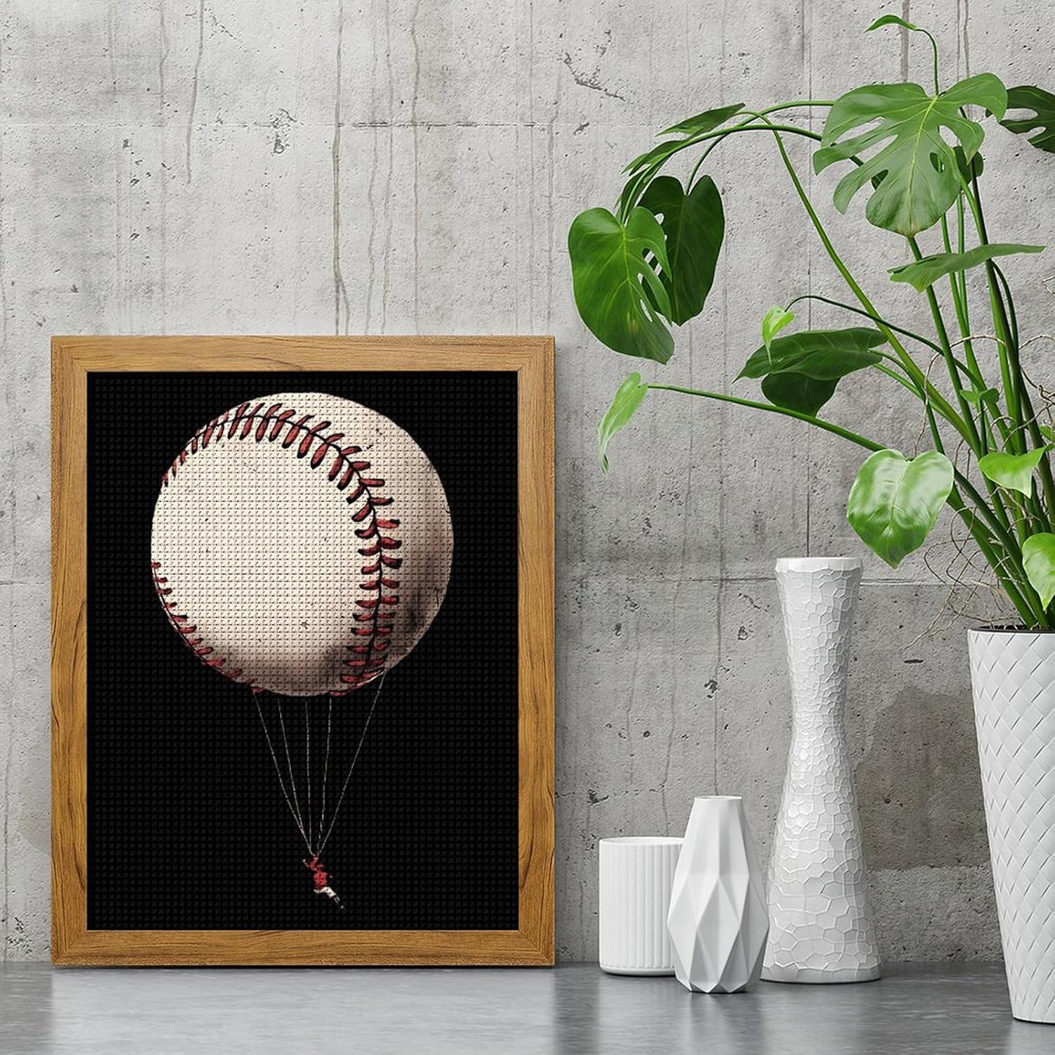 Baseball Hot Air Balloon Diamond 5D Painting Kits with Frame DIY Full Round Drill Gem Art Crafts for Home Wall Decor 16 X 20in Yellow Wood 40 * 50cm