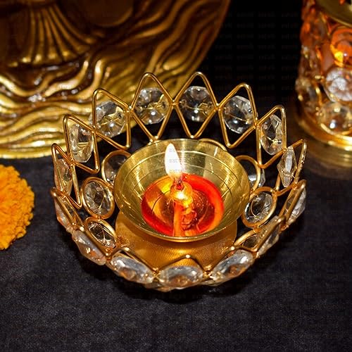 Miniatura 1 de SATVIK 2 piezas de 3.5 pulgadas de latón puro Pyali forma floral Diya Deepawali Decoración Akhand Crystal Dia Decorativo Akhand Deepak India