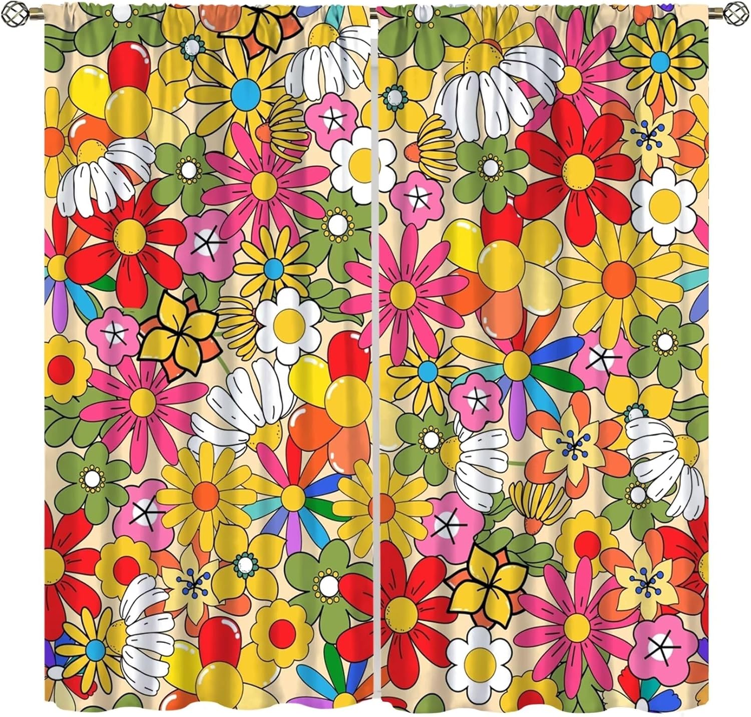 Boho Floral Vintage 70s Window Curtains, Hippie Bright Orange Flowers Groovy Blackout Drapes for Kids,Abstract Funny Art Print for Boys Girls Room Living Room Set 2 Panels,42x45 Inches