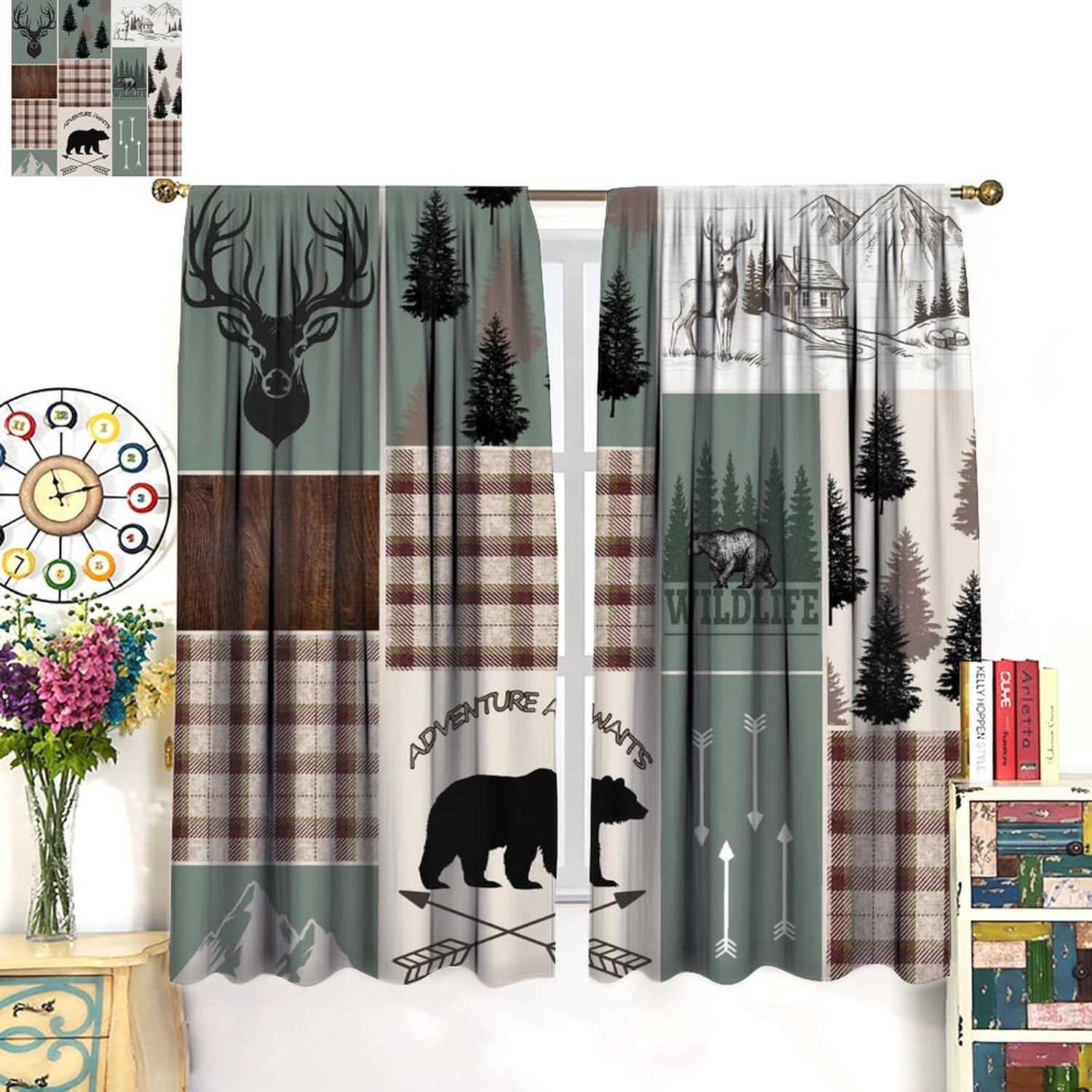 Bear Deer Checkered Blackout Curtains, Rustic Lodge Vintage Brown Buffalo Elk Moose Silhouette Hunting Wildlife Pine Forest Lodge for Bedroom Living Room42X45 Inch