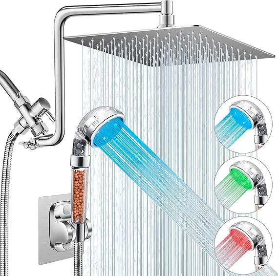 Filtered Shower Head with LED, 10'' Rain Shower Head with Upgraded 12'' Curved Adjustable