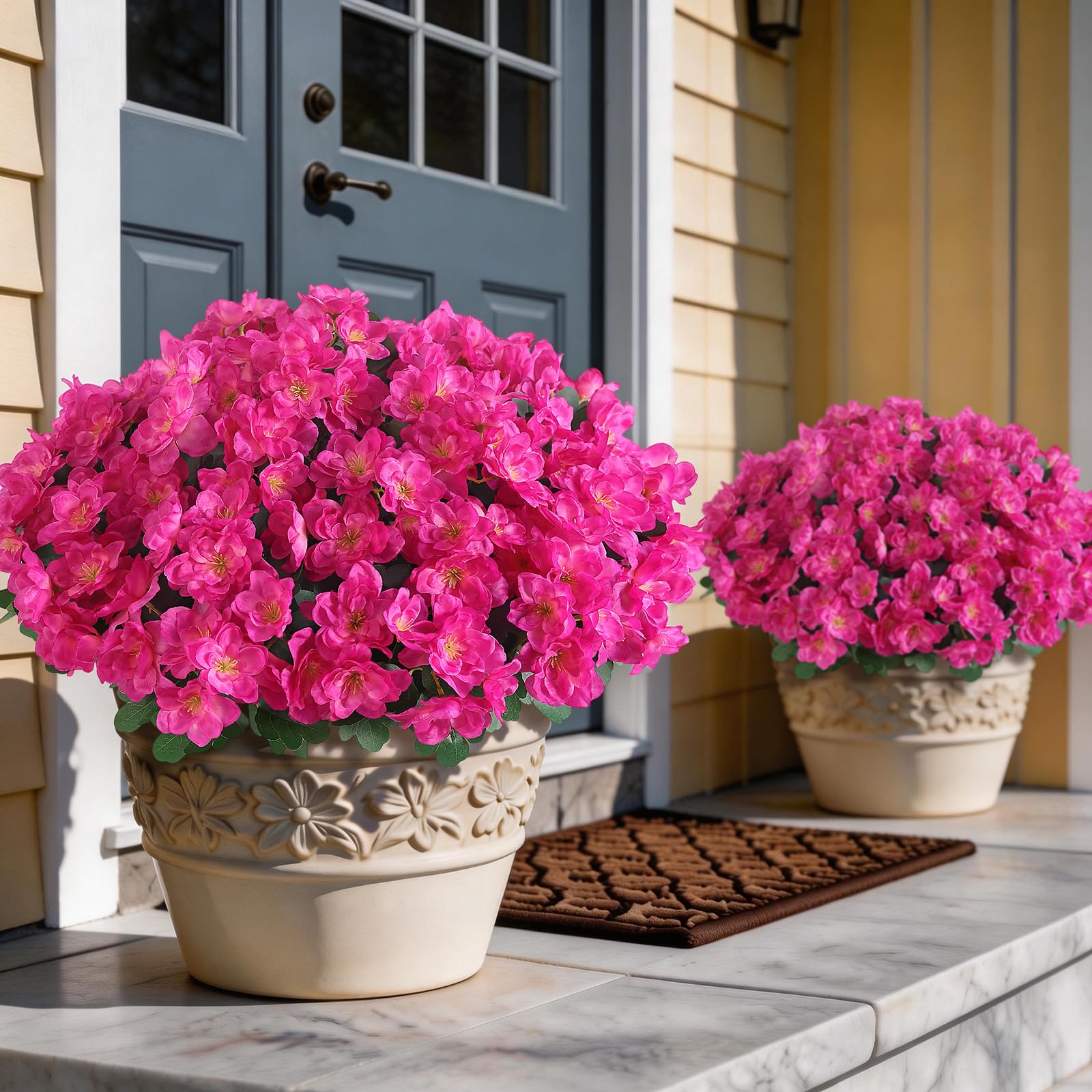 Photo 1 of 16 Bundles Artificial Flowers for Front Door, Fake Silk Azalea Bouquet Silk Flowers for Outside UV Resistant Realistic Faux Plants for Planter Farmhouse Patio Garden Walkways Home Decor (Rose Red)
