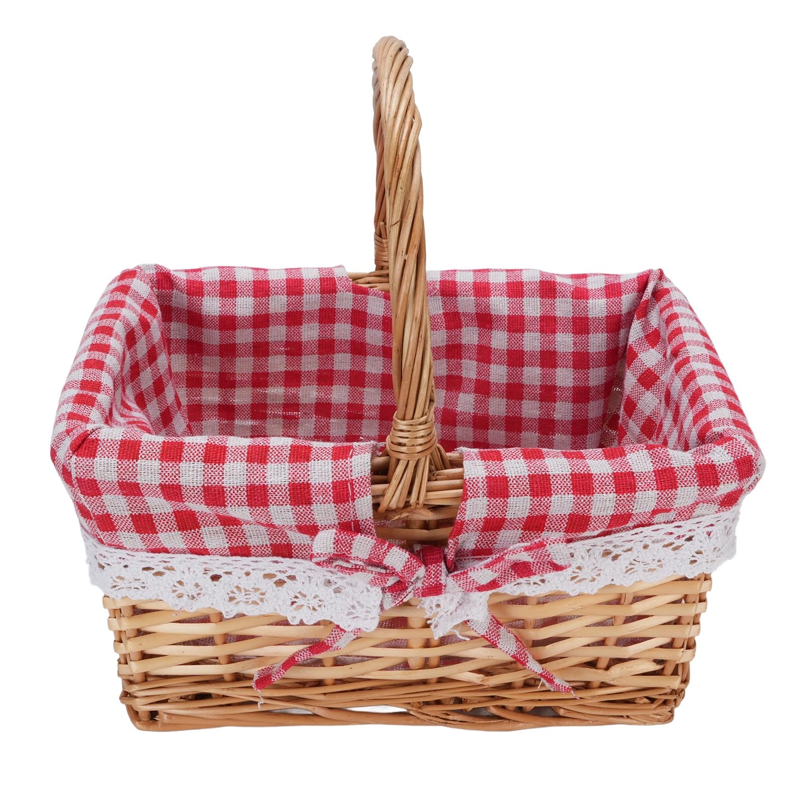 Fockety Cesta de Mimbre, Cesta de Picnic Tejida con Forro Desmontable, Cesta de Mimbre Ovalada para Regalos, Cesta de Almacenamiento Grande para Camping, Al Aire Libre, Halloween, (Cuadros Rojos)