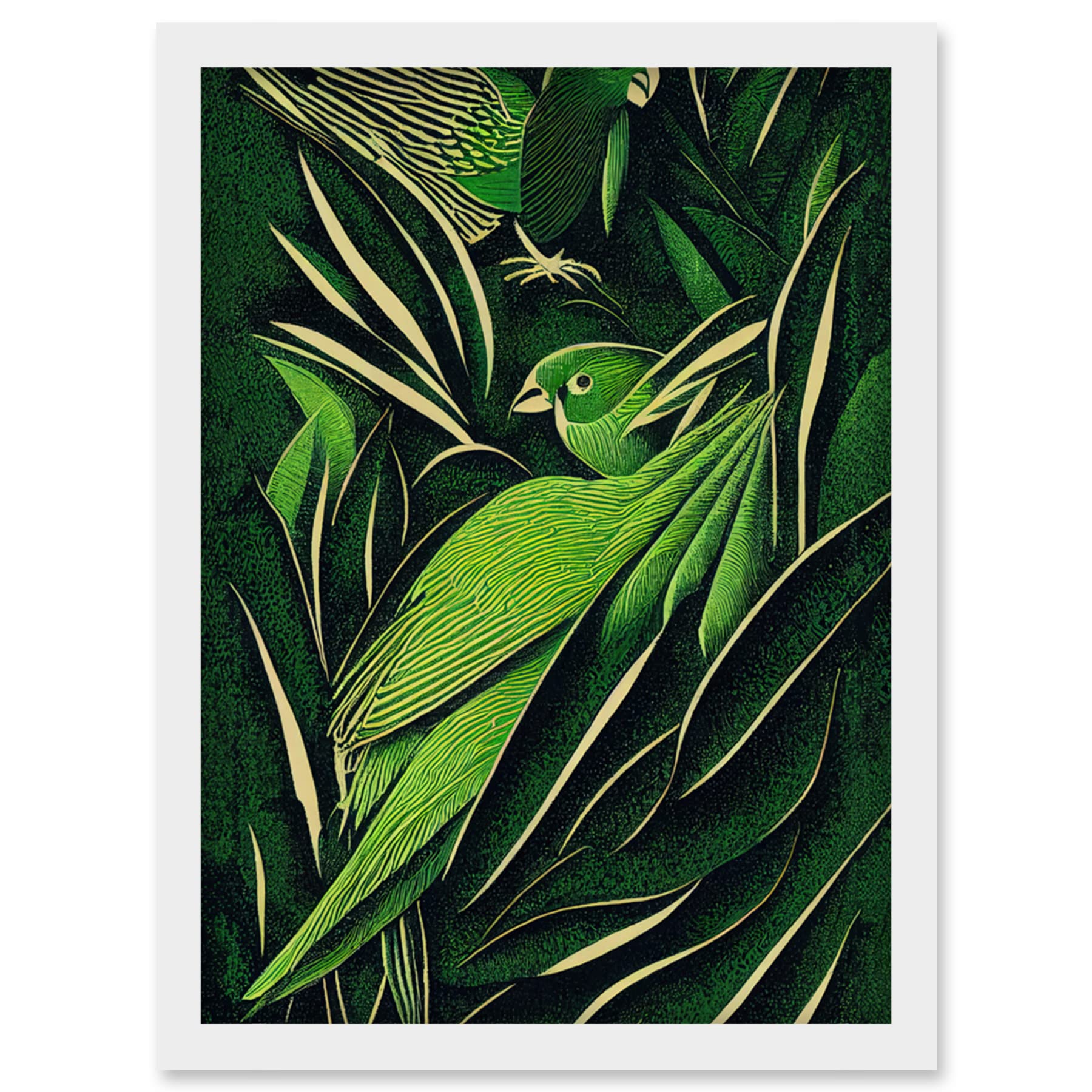 Wee Blue Coo Green Modern Vintage Retro Abstract Jungle Tropical Leaves Parrots Illustration Artwork Framed Wall Art Print A4