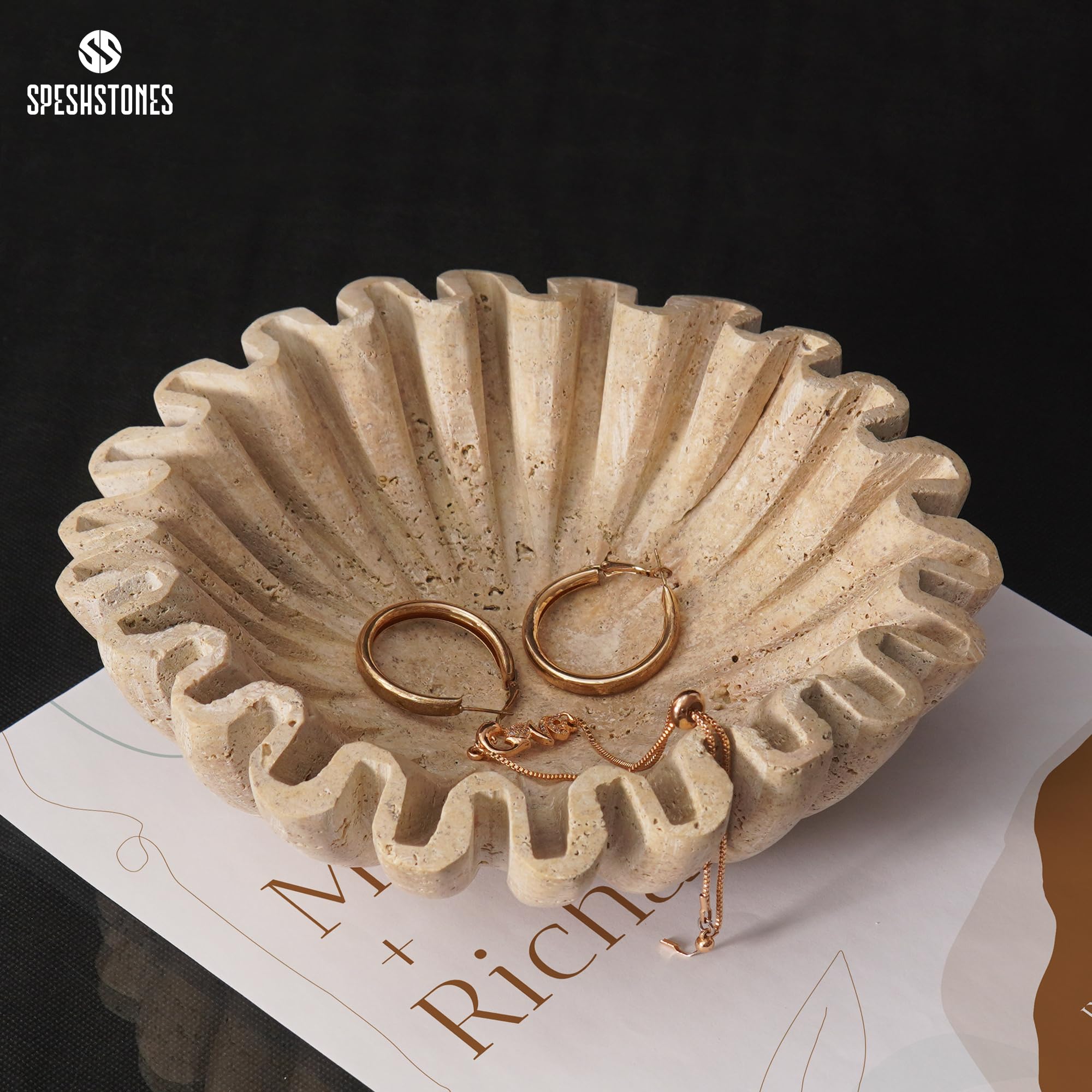 SPESHSTONES Cuenco de mármol con volantes de 8 pulgadas, hecho a mano, para encimera de cocina, cuencos festoneados decorativos grandes para comedor, centros de mesa de café y decoración del hogar