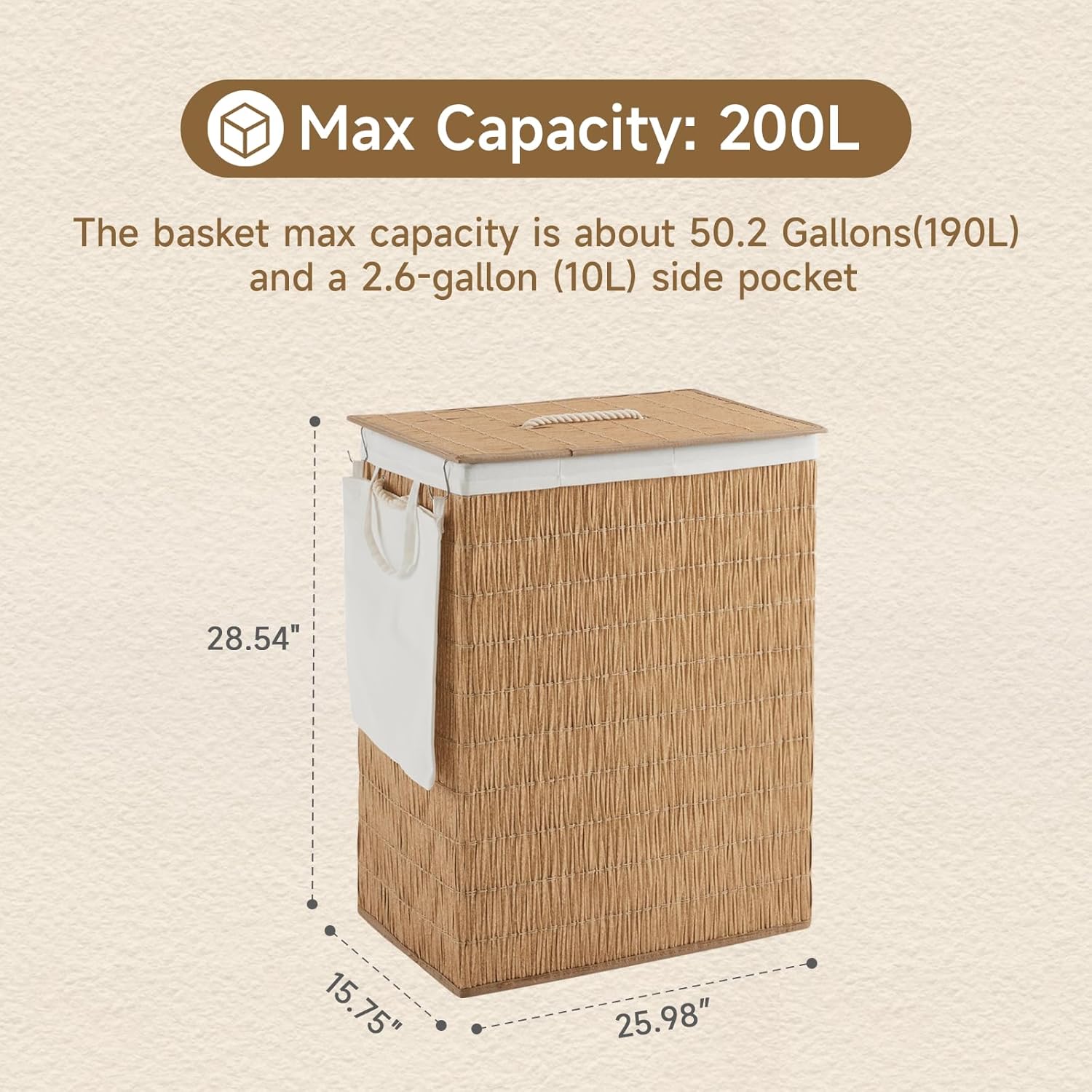 Laundry Hamper with Lid, 52.8 Gallon(200L) Large Laundry Basket 2 Removable Liner Bags, Synthetic Rattan Clothes Hamper with Side Pocket, laundry organization for bathroom, laundry room, Natural