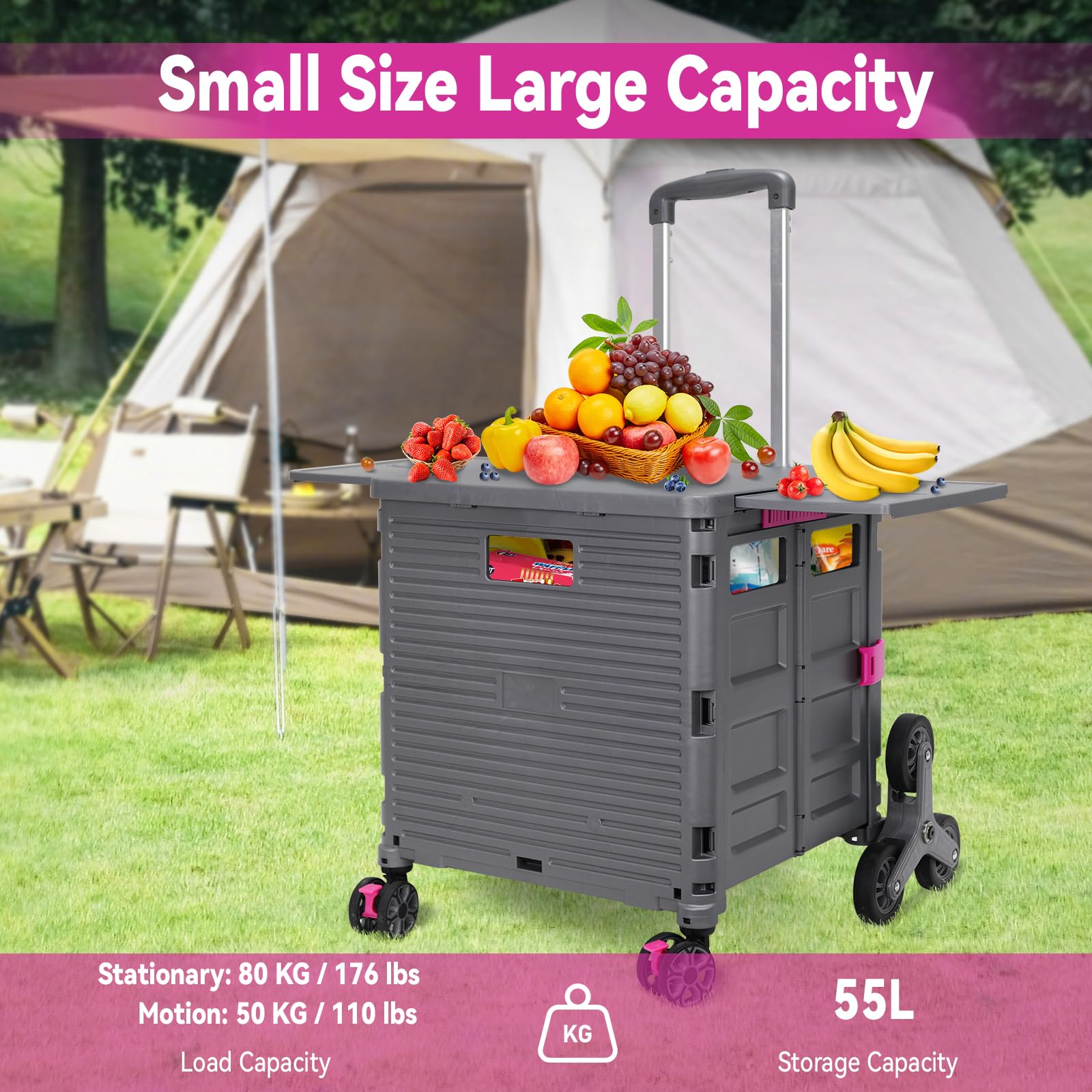 Carrello Della Spesa Pieghevole Carrello Portatile Pieghevole con Ruote per Scalinate e Coperchio Magnetico Capacità di 80 Kg, Cassetta Rotante per Campeggio, Pesca e Stoccaggio Attrezzi -Grigio U