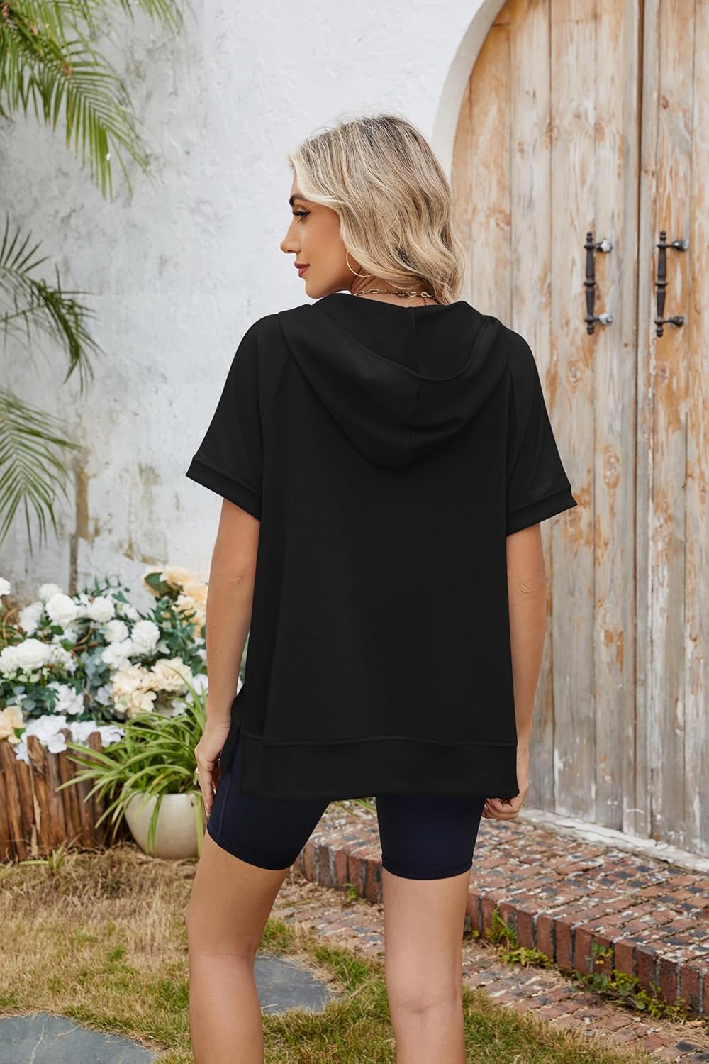 Women Summer Hoodies Shirt Short Sleeve Half Zip Loose Fit Oversized Plus Size Tunic Top Spring Fall - Image 3