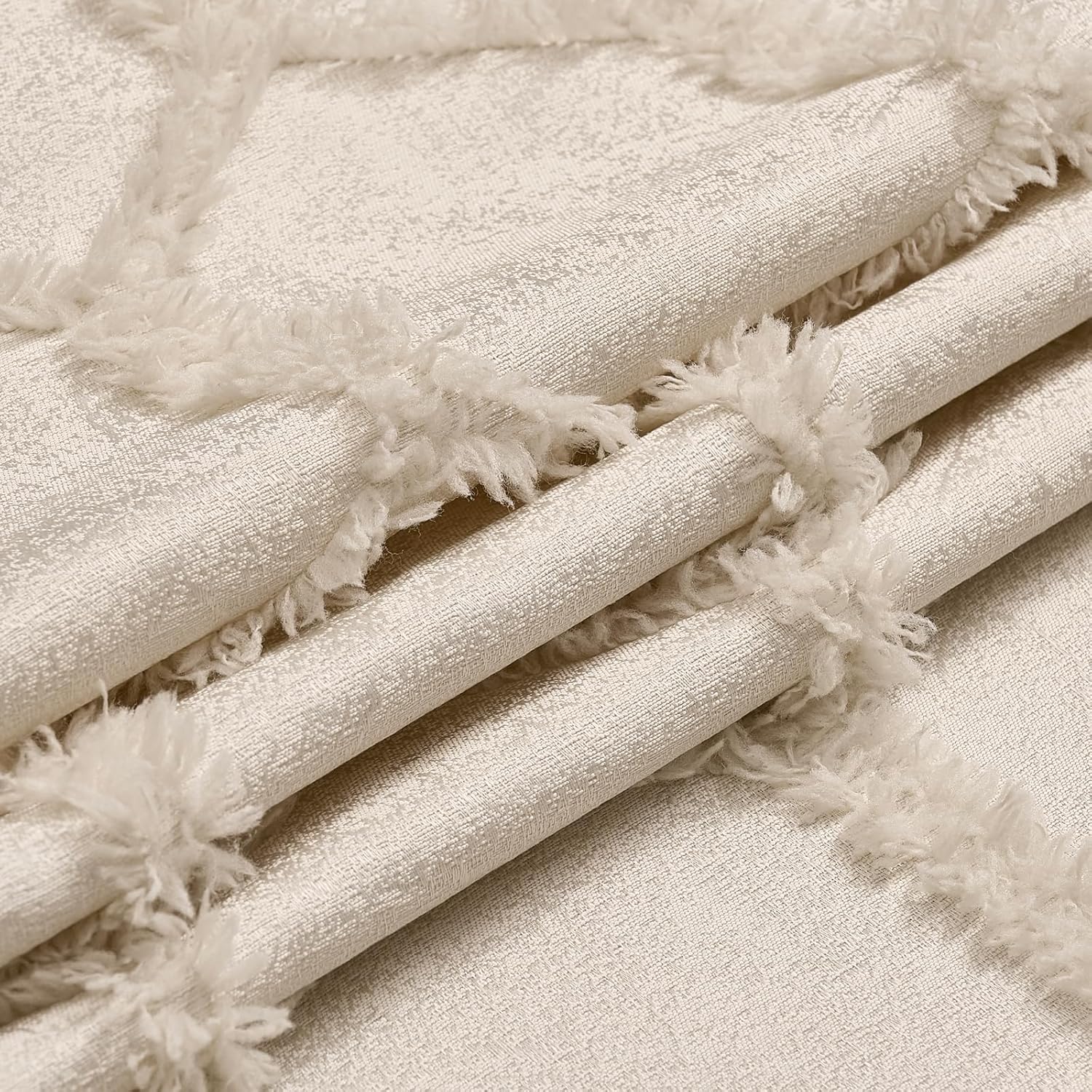 Cream Beige Geometric Curtains 84 Inches Long Back Tab Semi Sheer Fluffy Jacquard Curtains Hexagon Lattice Pattern Tufted Pom Design Rod Pocket Moroccan Tile Drapes for Living Room, 2 Panels, 52x84