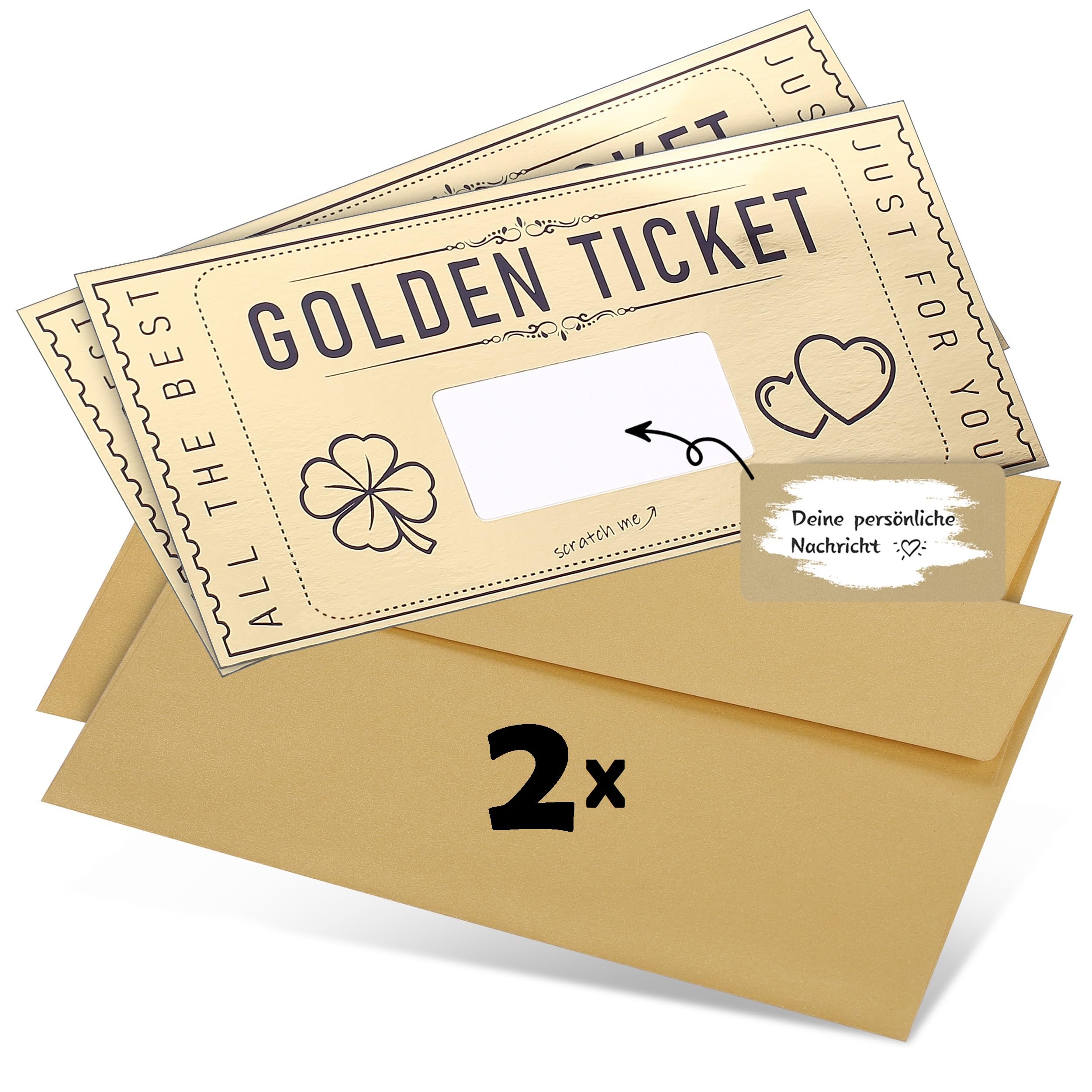 DasWas 2x Goldenes Ticket - Geschenk Gutschein zum Selber Auffüllen mit Rubbelaufkleber - Rubbellose und Gutscheinkarten Selber Machen - Personalisiertes Geschenk im funkelndem Umschlag