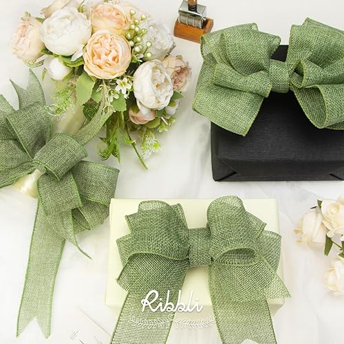 Miniatura 2 de Ribbli Cinta con alambre de arpillera verde salviamusgo primaveral, 2 pulgadas x 10 yardas continuas, cinta de borde con alambre para lazo grande,
