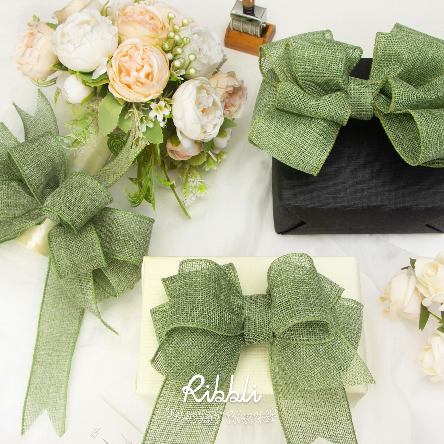 Ribbli Spring Moss/Sage Green Burlap Wired Ribbon,2 Inch x Continuous 10 Yard, Wired Edge Ribbon for Big Bow,Wreath,Tree Decoration,Outdoor Decoration