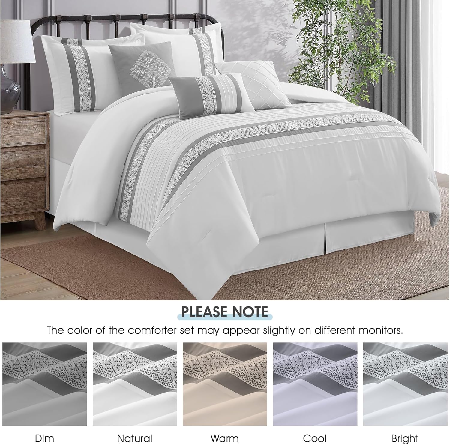 7 Piece Comforter Set, Grey White, Queen Size, Boho Style Geometric Microfiber Embroidery, Bed in a Bag with Bedskirt, Pillow Shams and Decor Pillows - Image 3