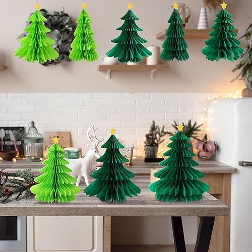 Miniatura 6 de 6 piezas de árbol de Navidad de panal, tres tamaños de papel 3D de Navidad colgantes para decoración de árbol de Navidad, suministros de fiesta