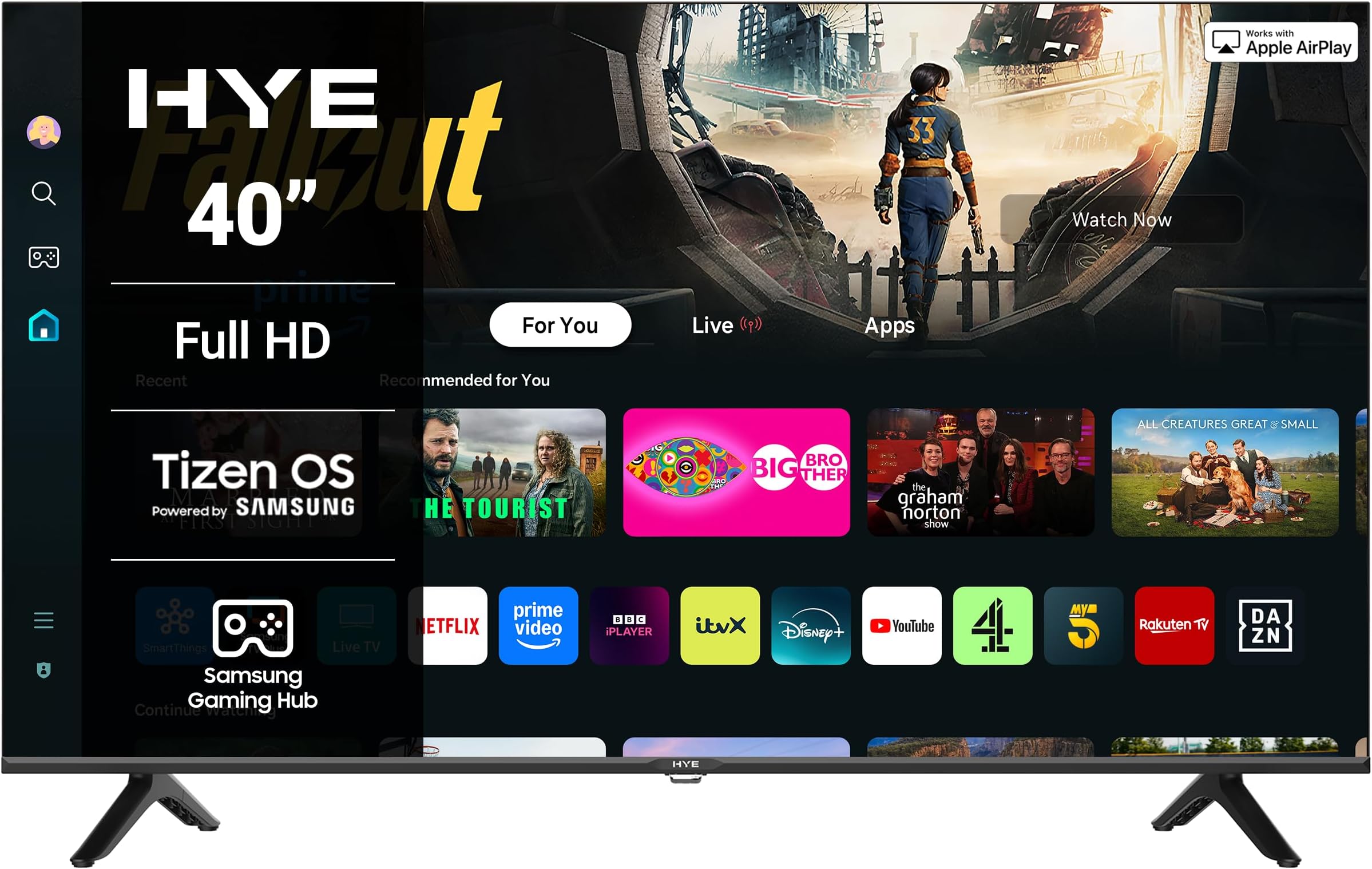 HYE TV - Smart TV, 40" Screen Size, Full HD Resolution, Apple AirPlay, Samsung Tizen OS & Gaming Hub, Versatile Connectivity, Perfect For Streaming, Black, Gaming & Entertainment - 40FHDS1008