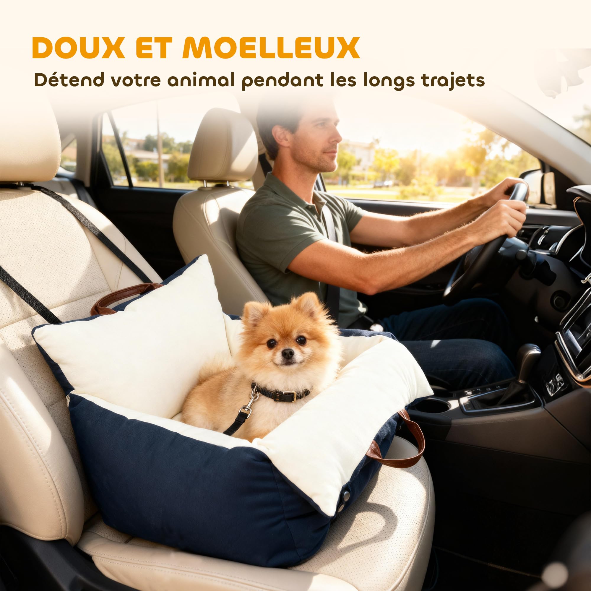 PawHut Siège Auto pour Chien avec Ceinture de sécurité et Fixation, siège de Voiture pour Chiens rembourré Confortable Portable jusqu'à 5kg, Panier Voiture pour Animal Coussin Amovible, Bleu Marine
